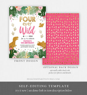 Editable Four Ever Wild Birthday Invitation Dinosaur Dino Party Girl 4th Fourth Birthday Pink Gold Fourever Corjl Template Printable 0146