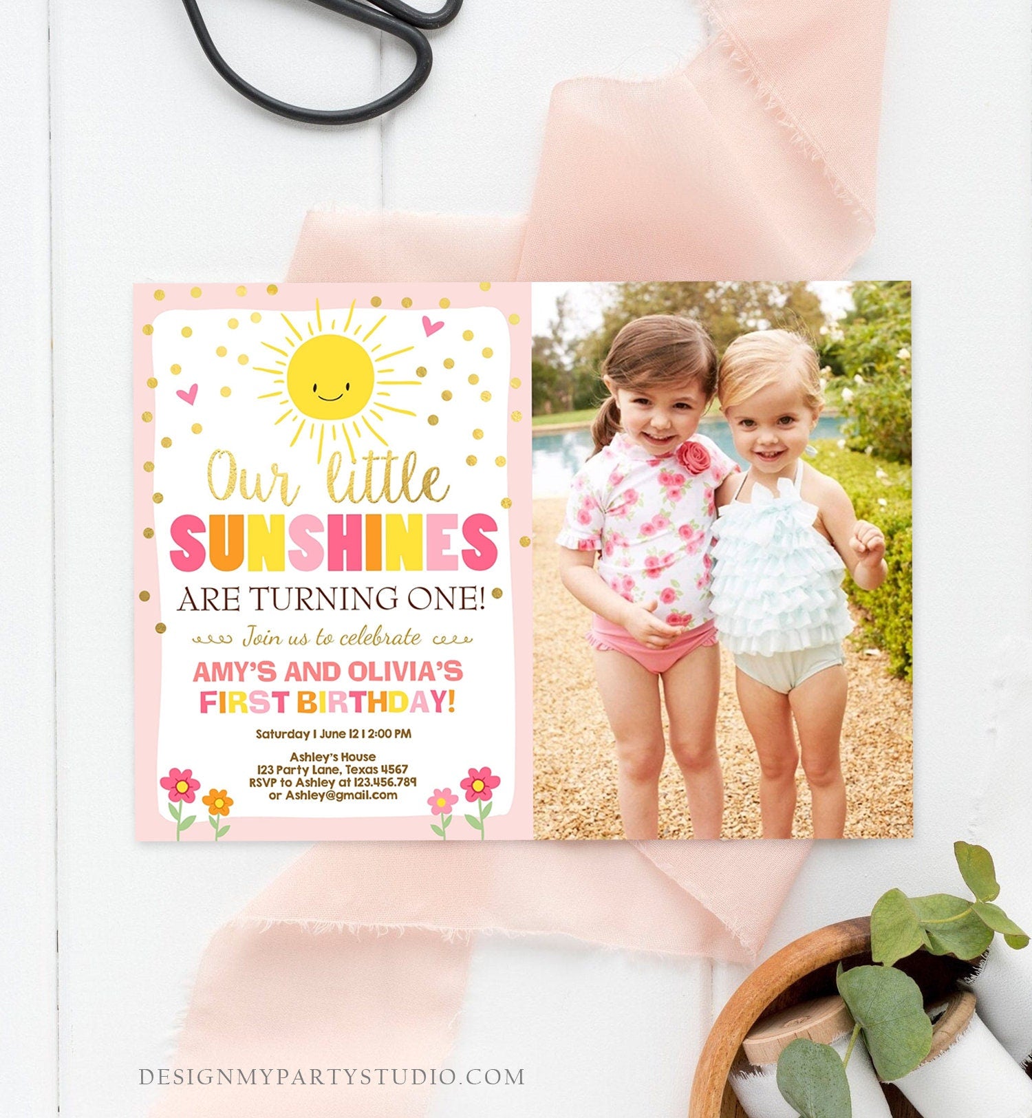 Editable Birthday Invitation Twins Little Sunshines Girls Siblings Pink Gold Girl Summer Download Printable Invitation Template Corjl 0070