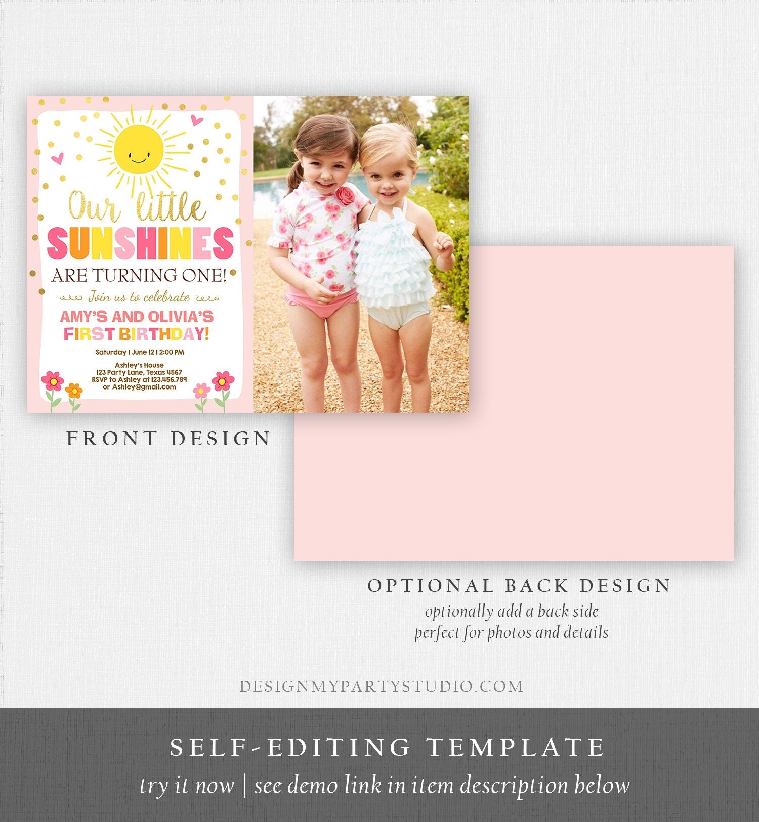 Editable Birthday Invitation Twins Little Sunshines Girls Siblings Pink Gold Girl Summer Download Printable Invitation Template Corjl 0070