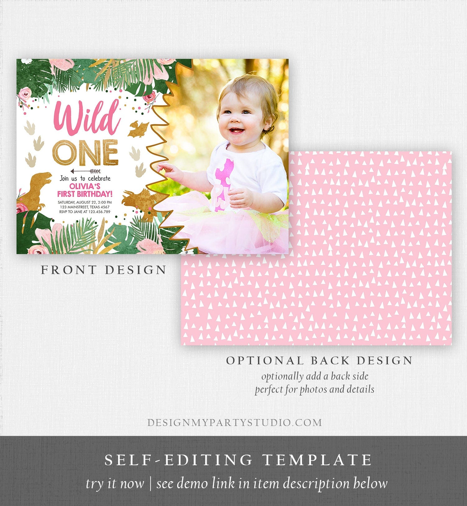 Editable Wild One Dinosaur Birthday Invitation Dino Party Girl 1st First Birthday Pink Gold Born to be Wild Corjl Template Printable 0146