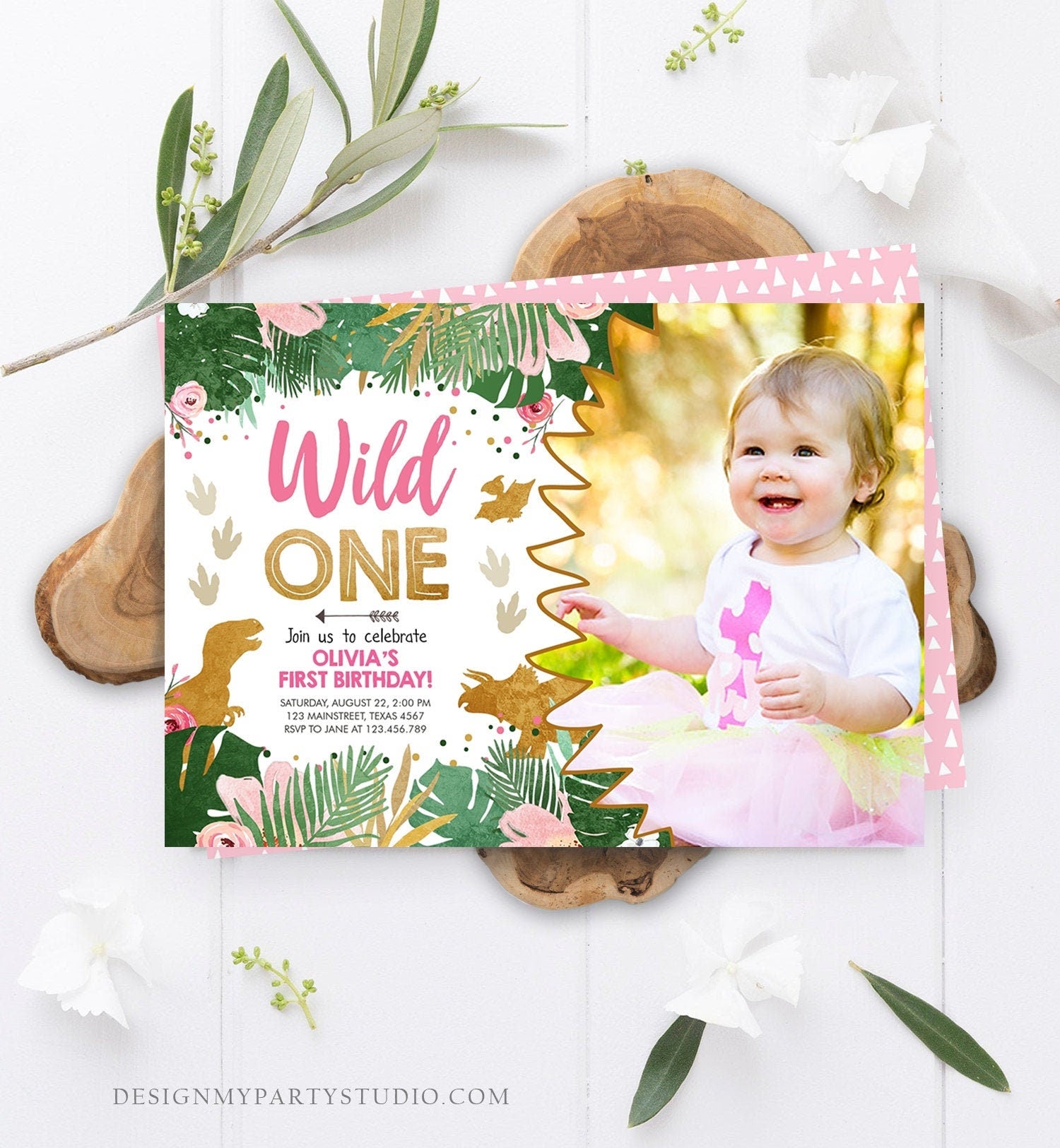 Editable Wild One Dinosaur Birthday Invitation Dino Party Girl 1st First Birthday Pink Gold Born to be Wild Corjl Template Printable 0146