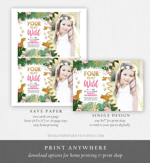 Editable Four Ever Wild Birthday Invitation Dinosaur Dino Party Girl 4th Fourth Birthday Pink Gold Fourever Corjl Template Printable 0146