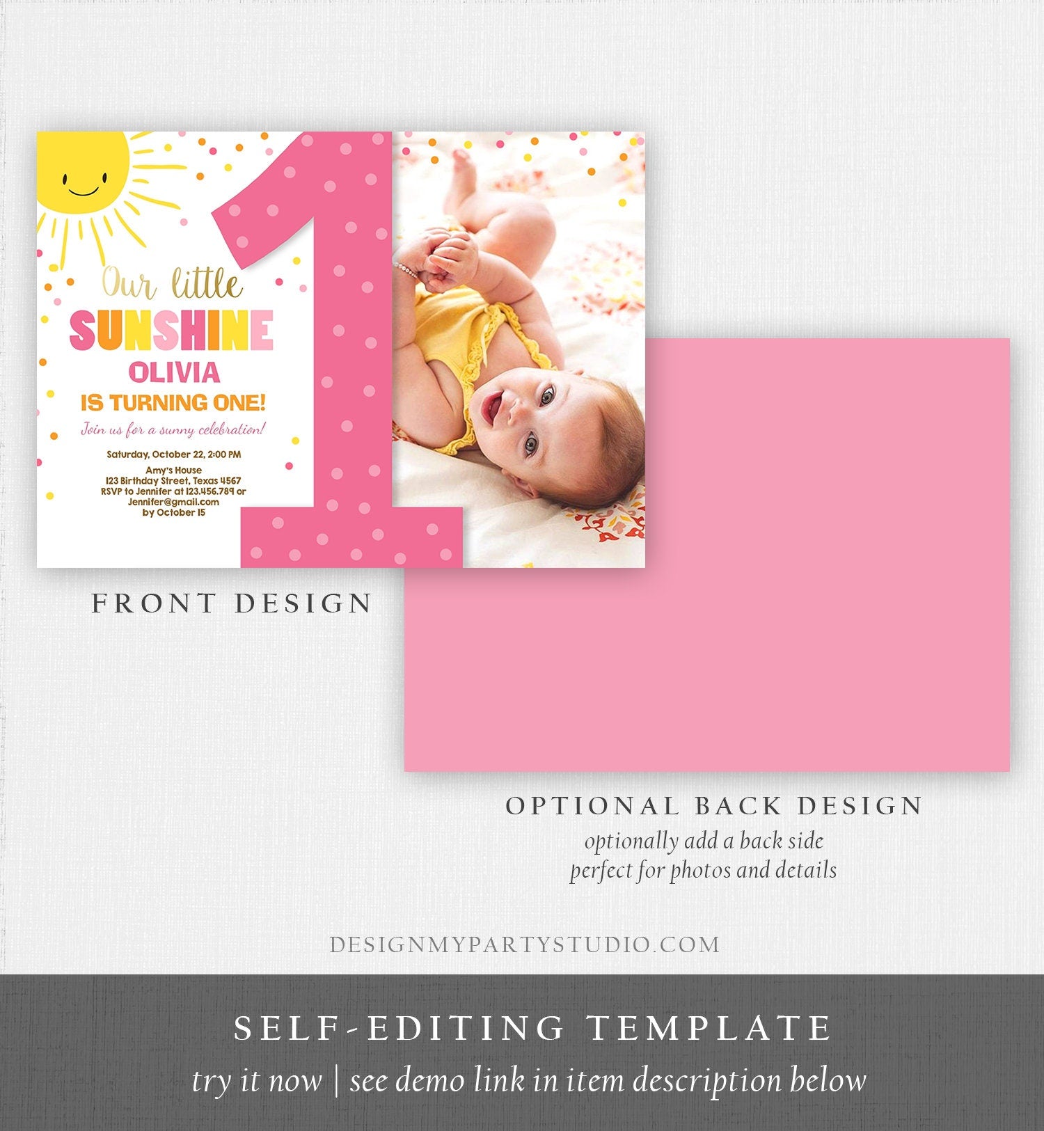 Editable Our Little Sunshine Birthday Invitation Summer Sunshine Party First Birthday 1st Party Sun Digital Download Template Evite 0070