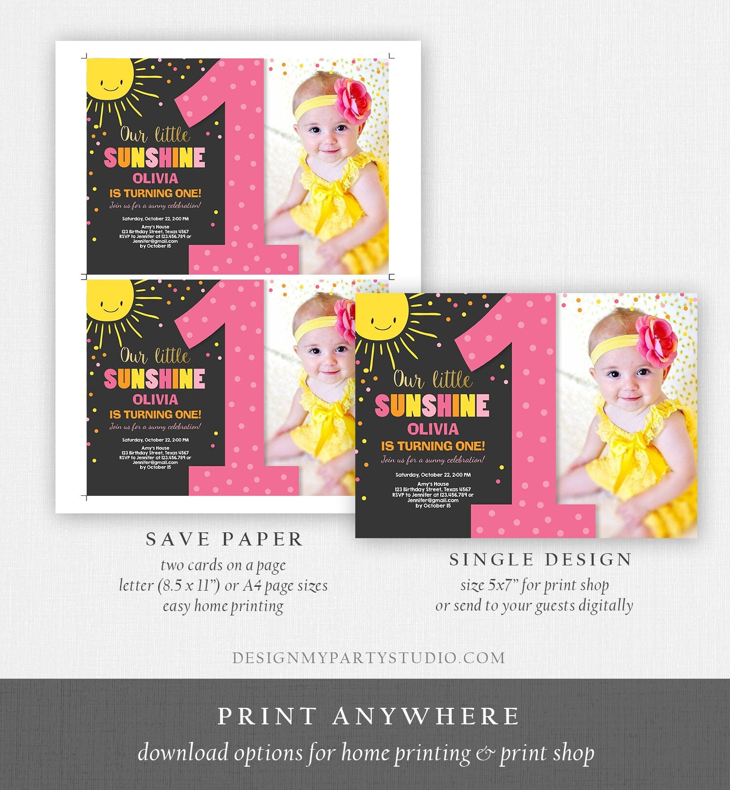 Editable Our Little Sunshine Birthday Invitation Girl Sunshine Party First Birthday 1st Party Pink Girl Bow Download Corjl Template 0070