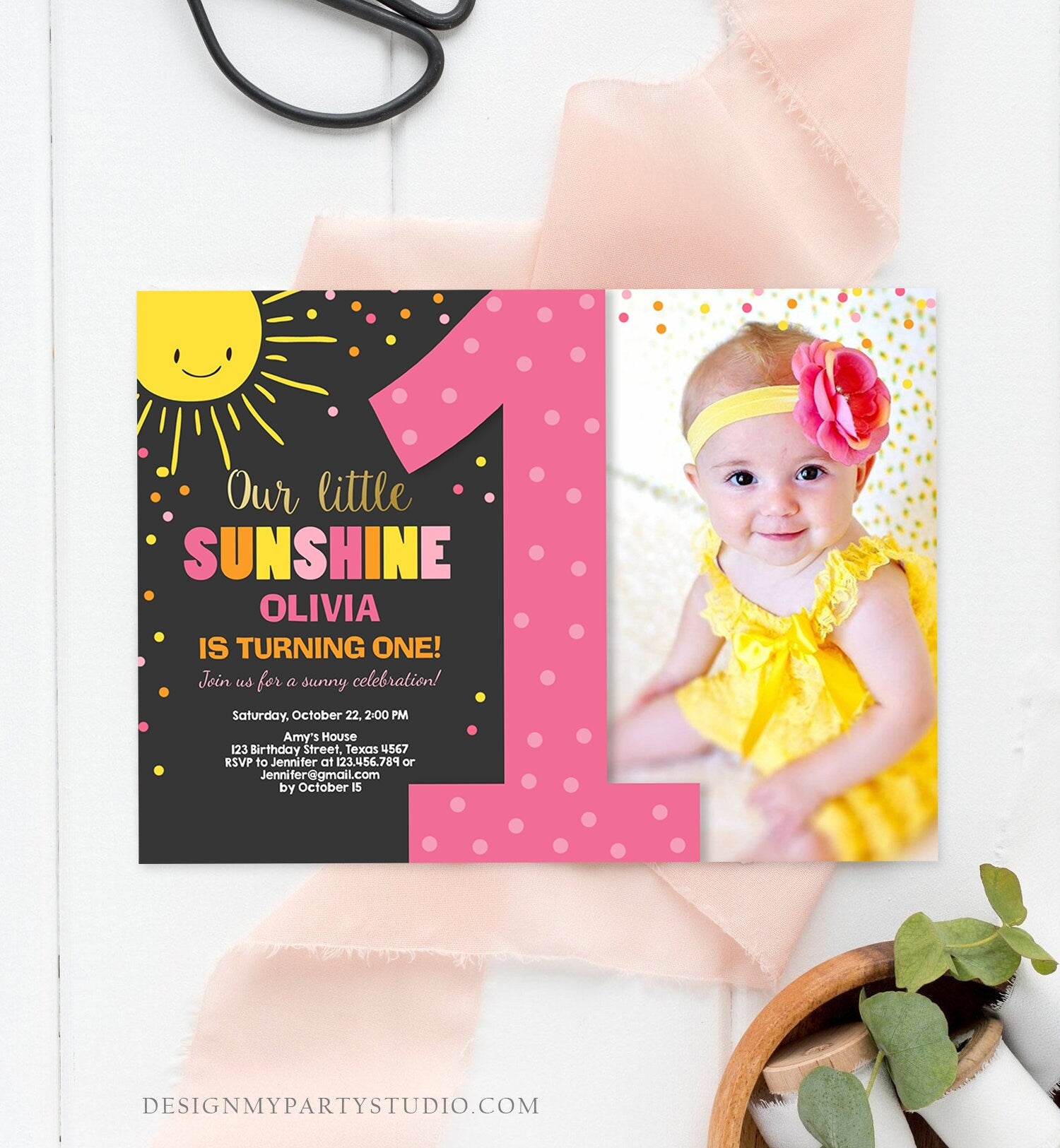 Editable Our Little Sunshine Birthday Invitation Girl Sunshine Party First Birthday 1st Party Pink Girl Bow Download Corjl Template 0070