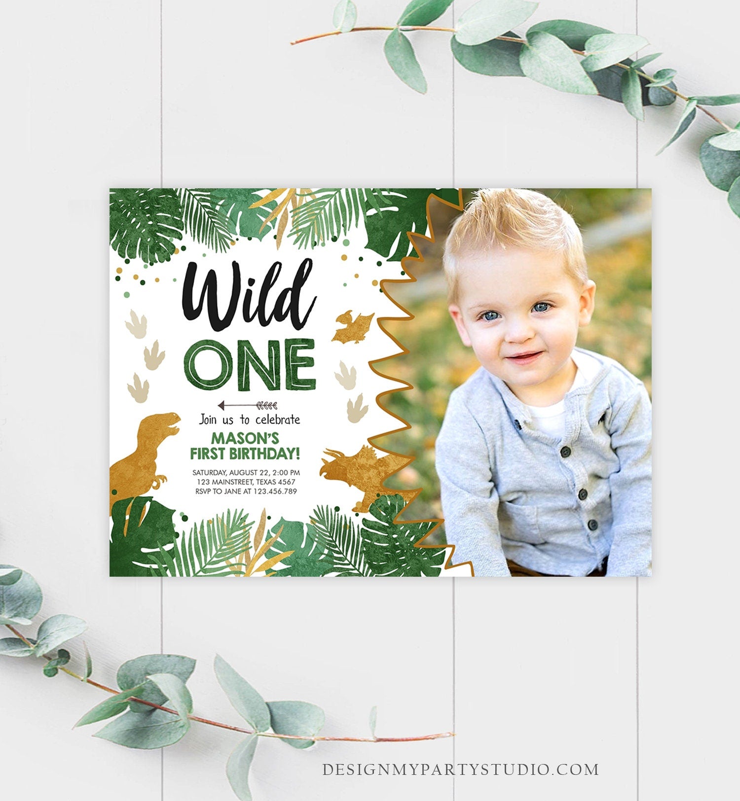 Editable Wild One Birthday Invitation Dinosaur Dino Party Boy 1st First Birthday Green Gold Born to be Wild Corjl Template Printable 0146