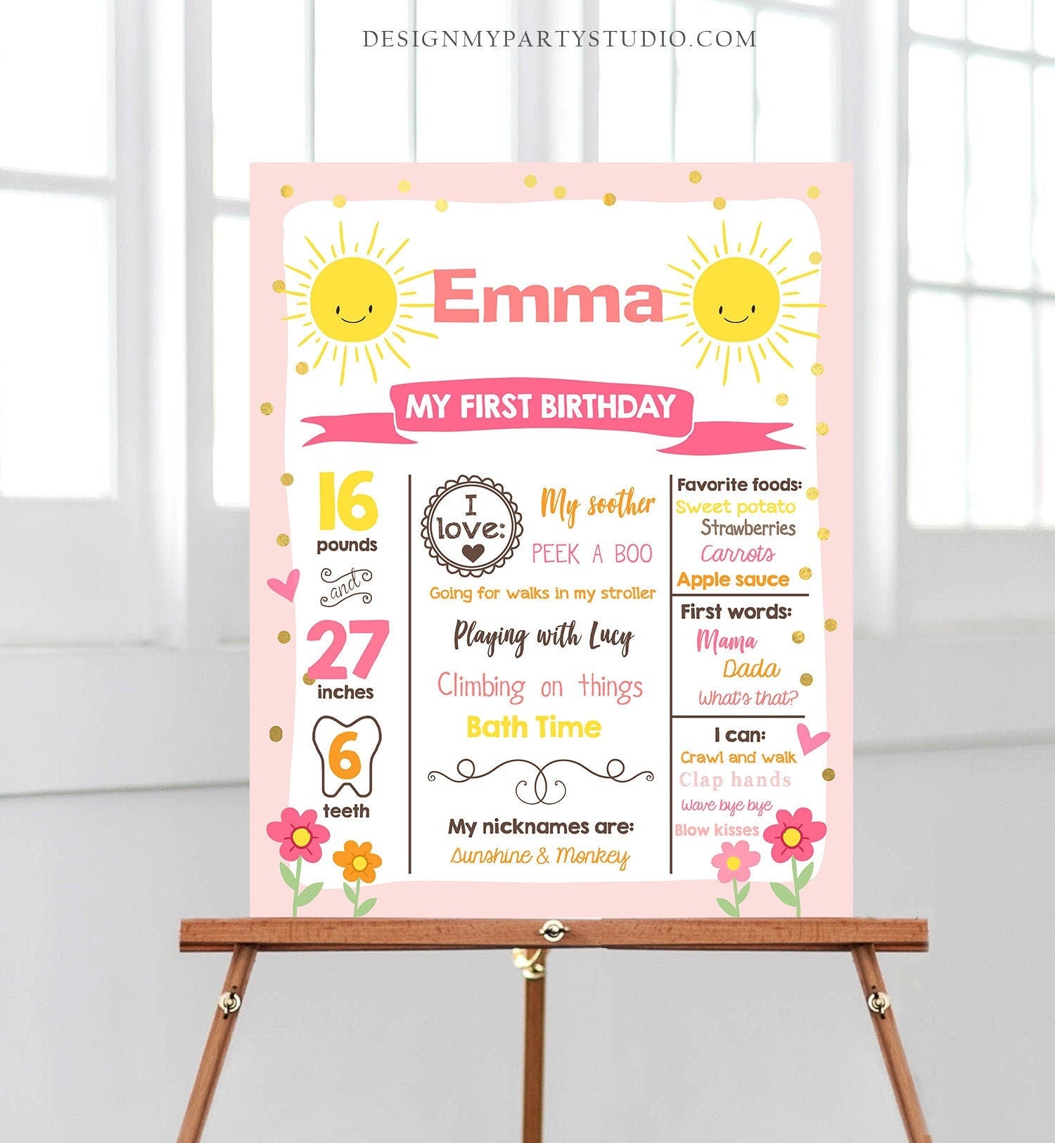 Editable Little Sunshine Birthday Milestones Sign Summer First Birthday 1st Birthday Girl Pink Download Template Printable Corjl 0070