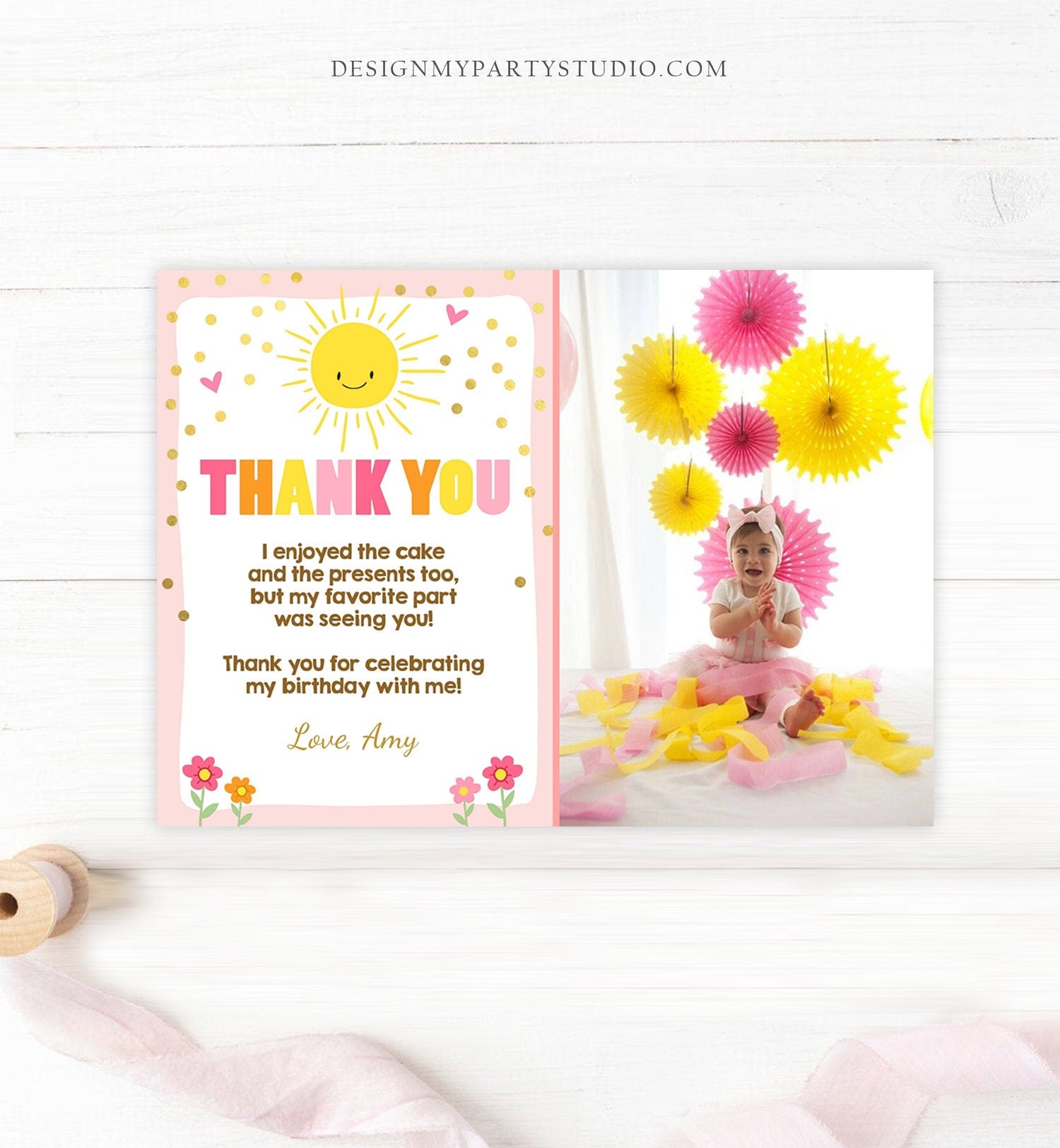 Editable Sunshine Thank you Card Sunshine Lemonade Birthday Summer Sun Pink Thank You Card Birthday Template Instant Download Corjl 0070