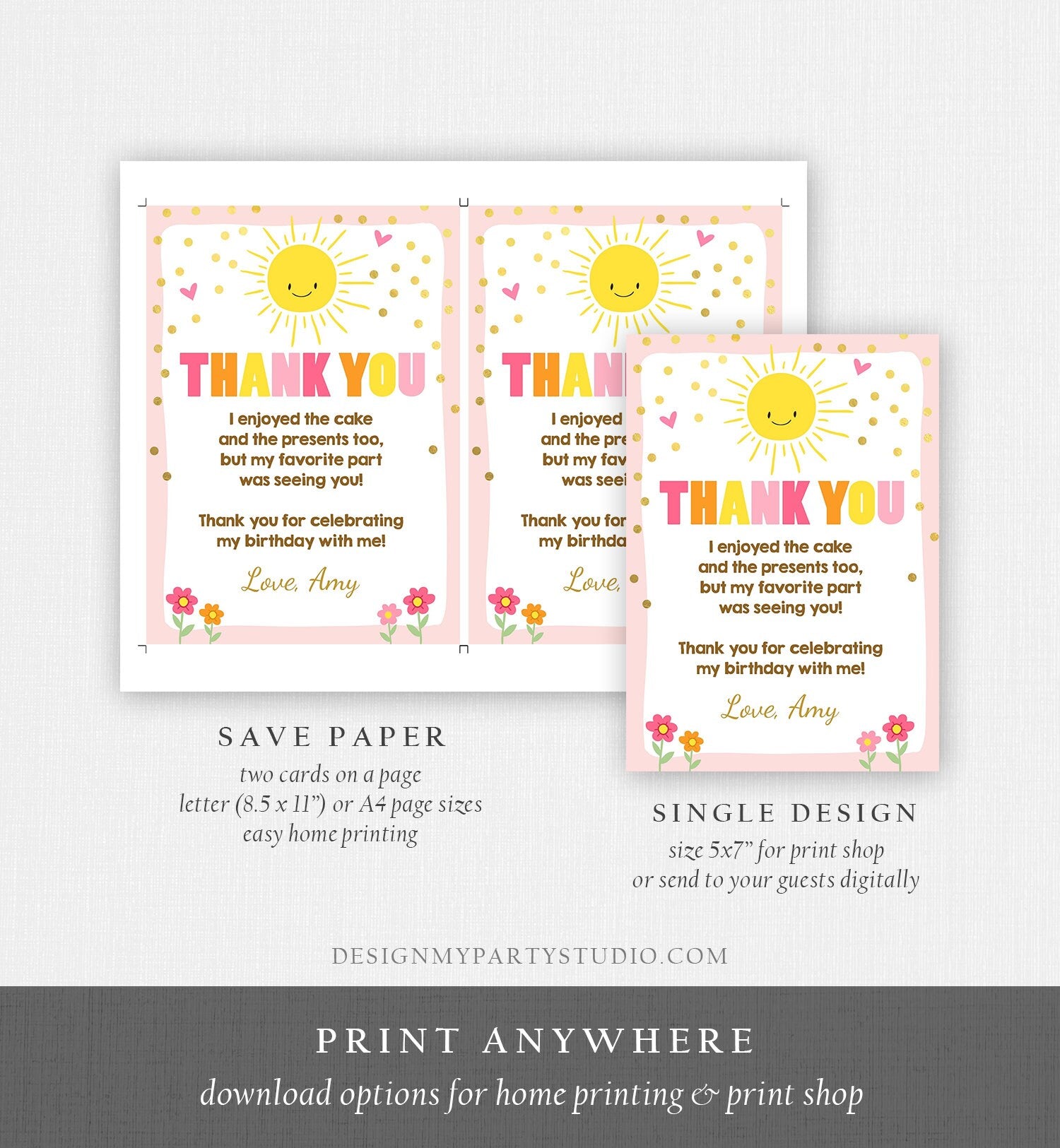 Editable Sunshine Thank you Card Sunshine Lemonade Birthday Summer Sun Pink Thank You Card Birthday Template Instant Download Corjl 0070