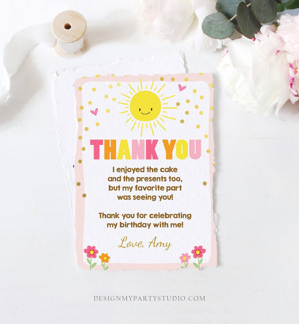 Editable Sunshine Thank you Card Sunshine Lemonade Birthday Summer Sun Pink Thank You Card Birthday Template Instant Download Corjl 0070