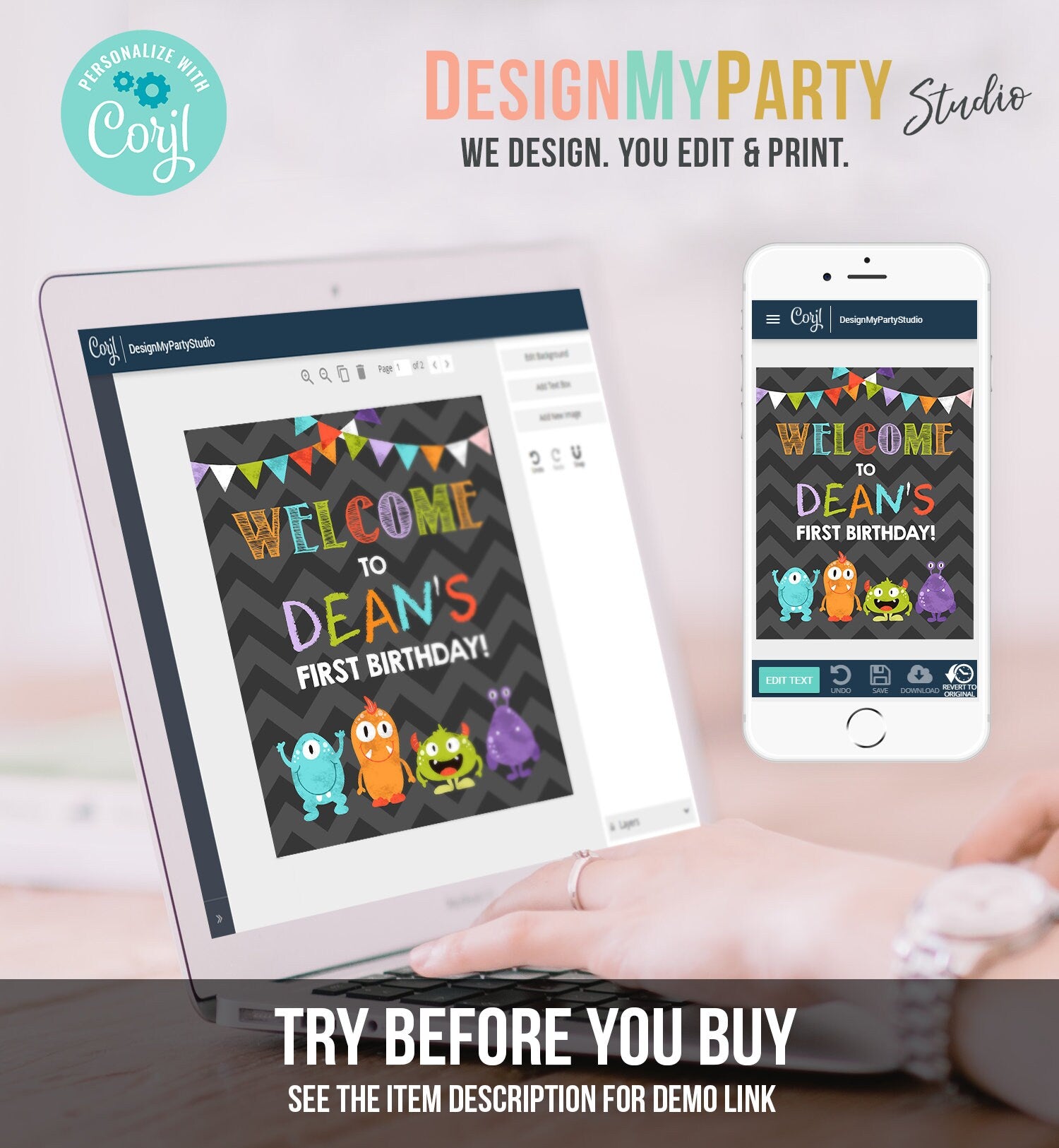 Editable Monsters Welcome Sign Boy Birthday Party Monster Bash First Birthday Little Monster Decor Digital Download Template Printable 0058