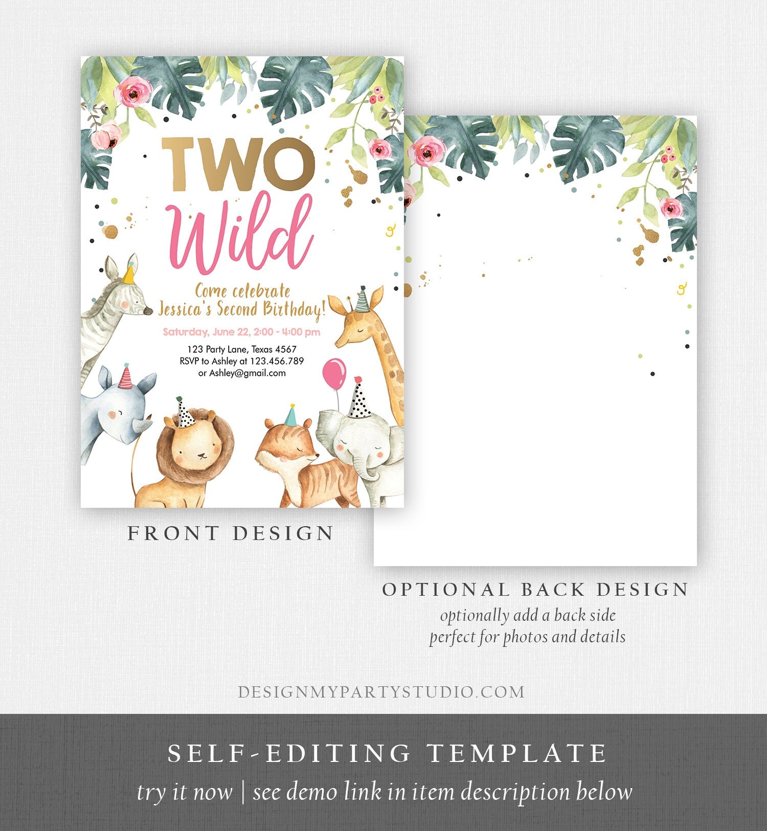 Editable Two Wild Birthday Invitation Safari Animals Girl Second 2nd Birthday Party Animals Digital Download Corjl Template Printable 0163