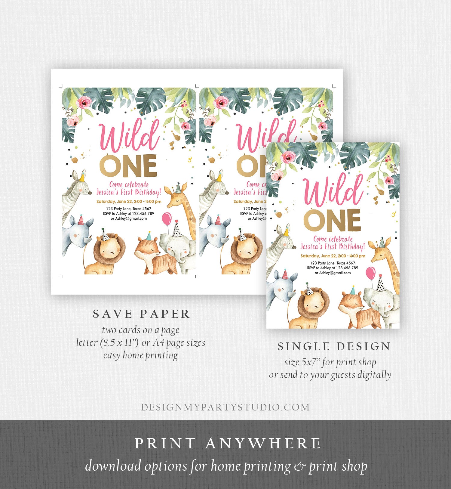 Editable Wild One Birthday Invitation Girl Safari Animals Invite Pink and Gold Party Animals Digital Download Corjl Template Printable 0163