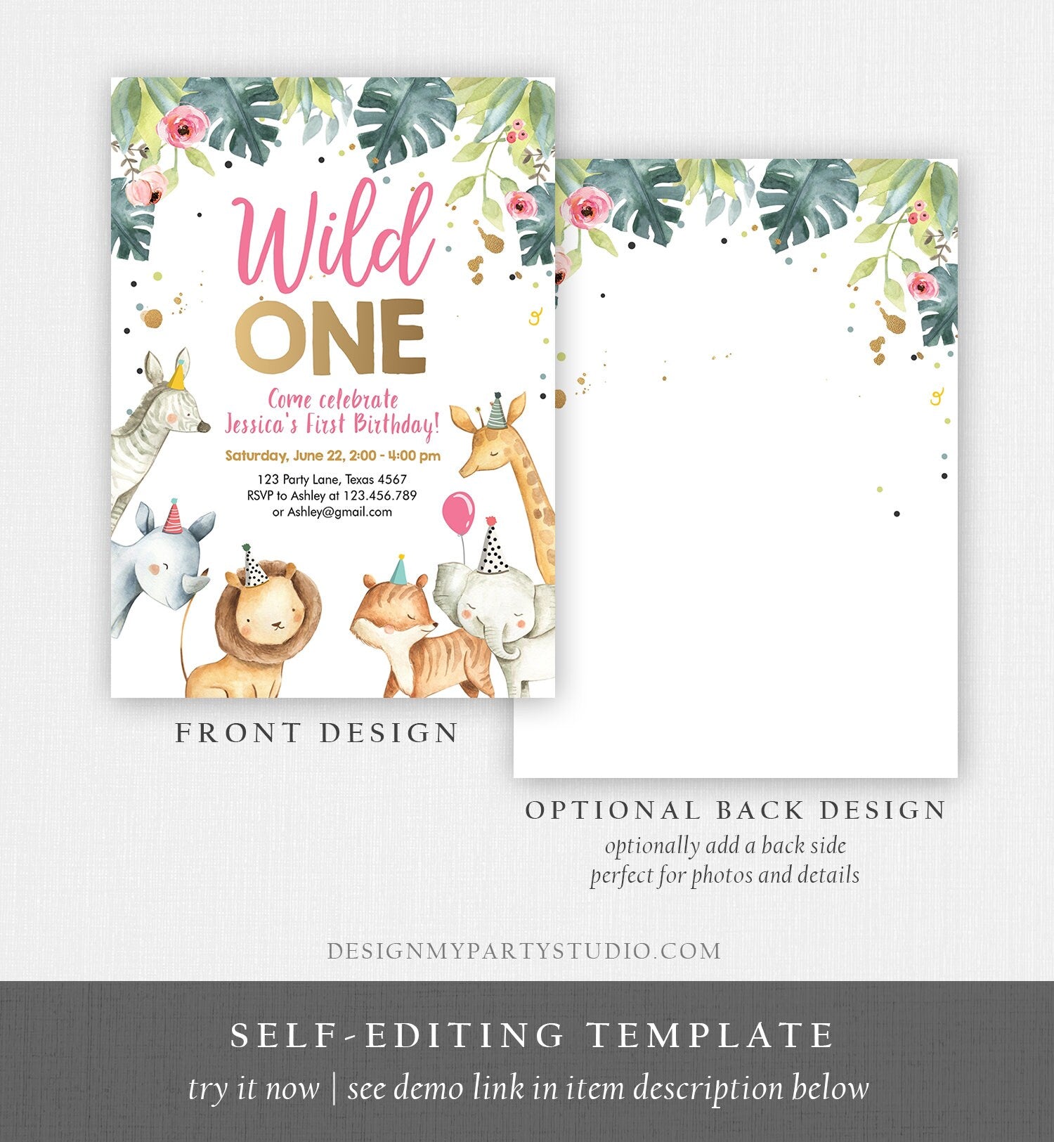 Editable Wild One Birthday Invitation Girl Safari Animals Invite Pink and Gold Party Animals Digital Download Corjl Template Printable 0163