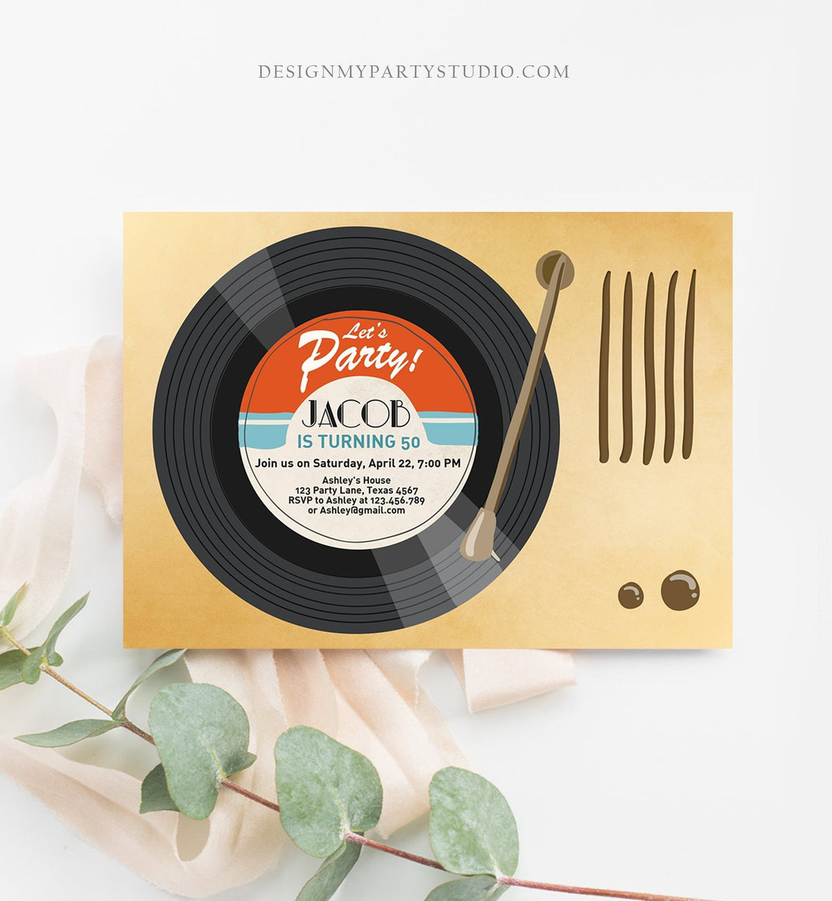 Editable Adult Birthday Invitation Vintage Vinyl Record Invite Oldies Retro Music Surprise Birthday Download Corjl Template Printable 0294