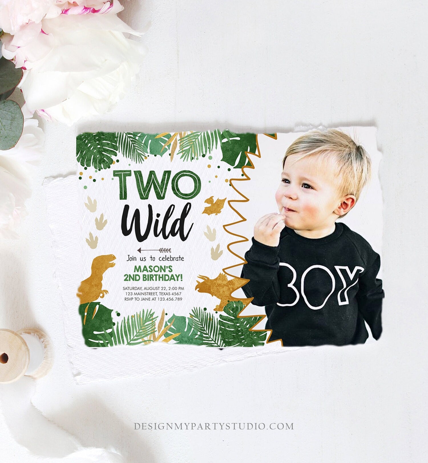 Editable Two Wild Birthday Invitation Dinosaur Dino Party Boy 2nd Second Birthday Green Gold In Two the Wild Corjl Template Printable 0146