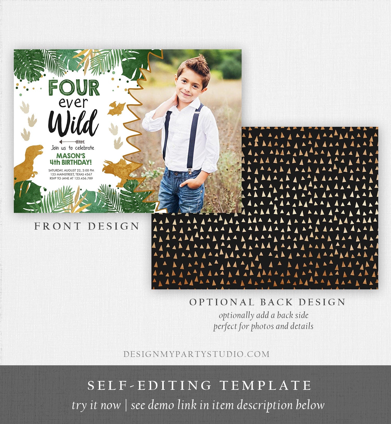 Editable Four Ever Wild Birthday Invitation Dinosaur Dino Party Boy 4th Fourth Birthday Green Gold Fourever Corjl Template Printable 0146