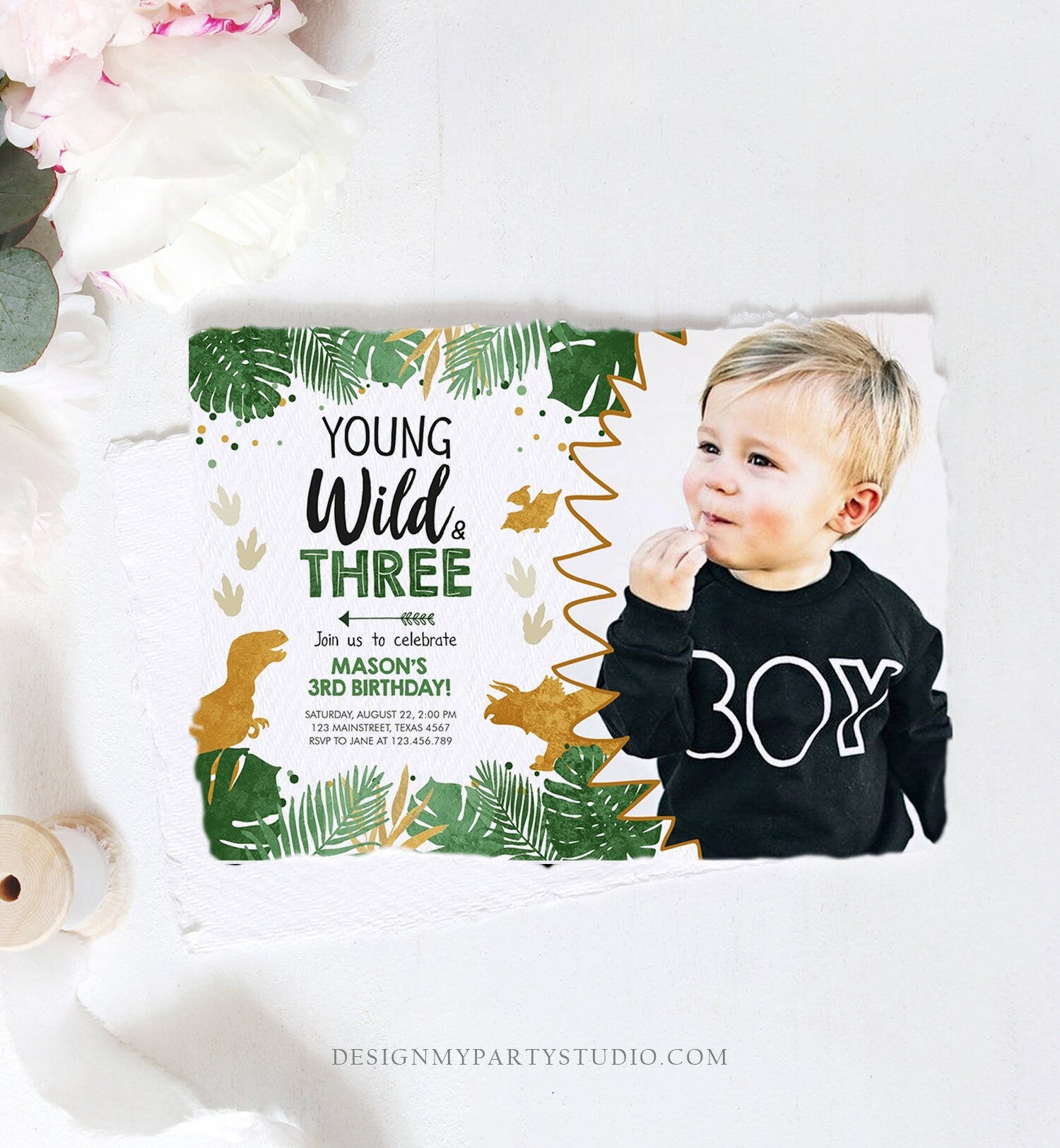 Editable Young Wild and Three Birthday Invitation Dinosaur Dino Party Boy 3rd Third Birthday Green Gold Black Corjl Template Printable 0146