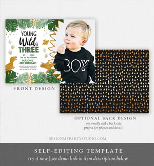 Editable Young Wild and Three Birthday Invitation Dinosaur Dino Party Boy 3rd Third Birthday Green Gold Black Corjl Template Printable 0146