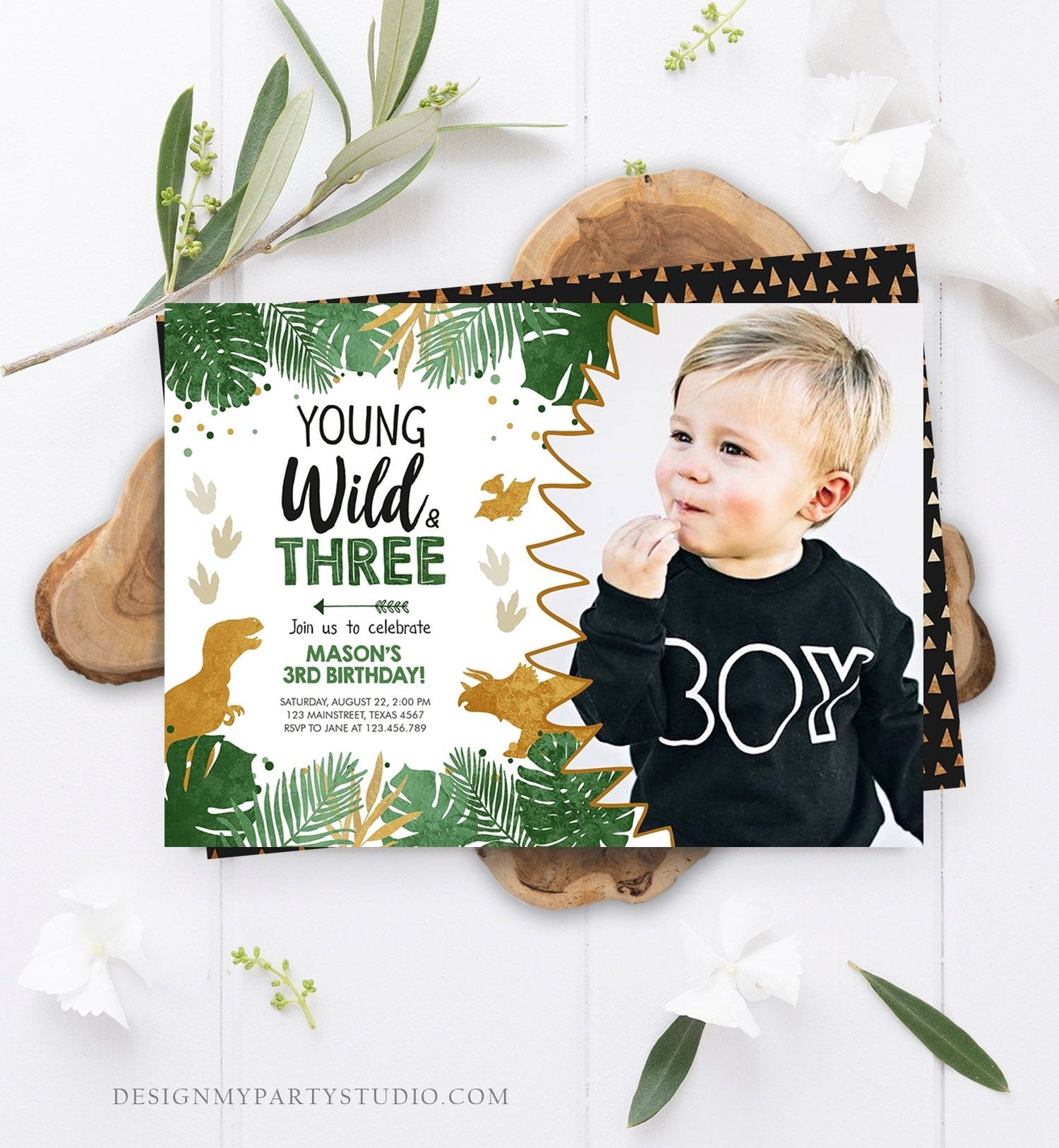 Editable Young Wild and Three Birthday Invitation Dinosaur Dino Party Boy 3rd Third Birthday Green Gold Black Corjl Template Printable 0146