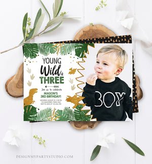 Editable Young Wild and Three Birthday Invitation Dinosaur Dino Party Boy 3rd Third Birthday Green Gold Black Corjl Template Printable 0146