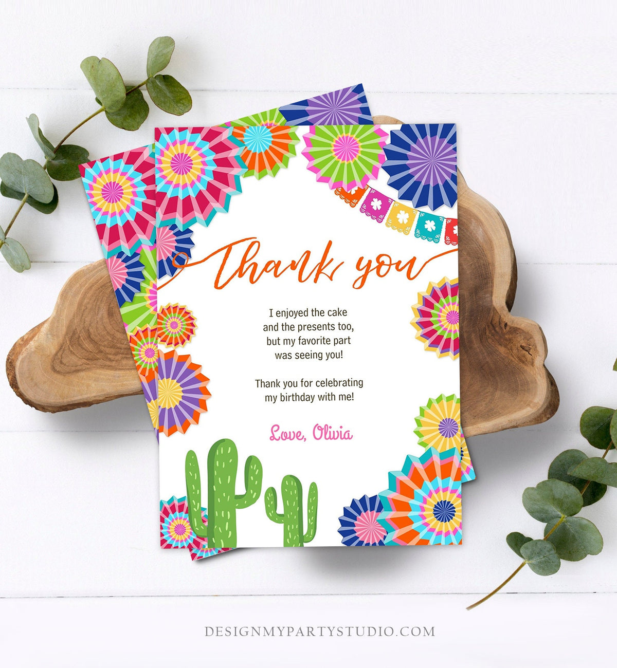 Editable Fiesta Birthday Thank You Card Insert Let&#39;s Fiesta Mexican Cactus Thank You Note Download Digital Corjl Template Printable 0236