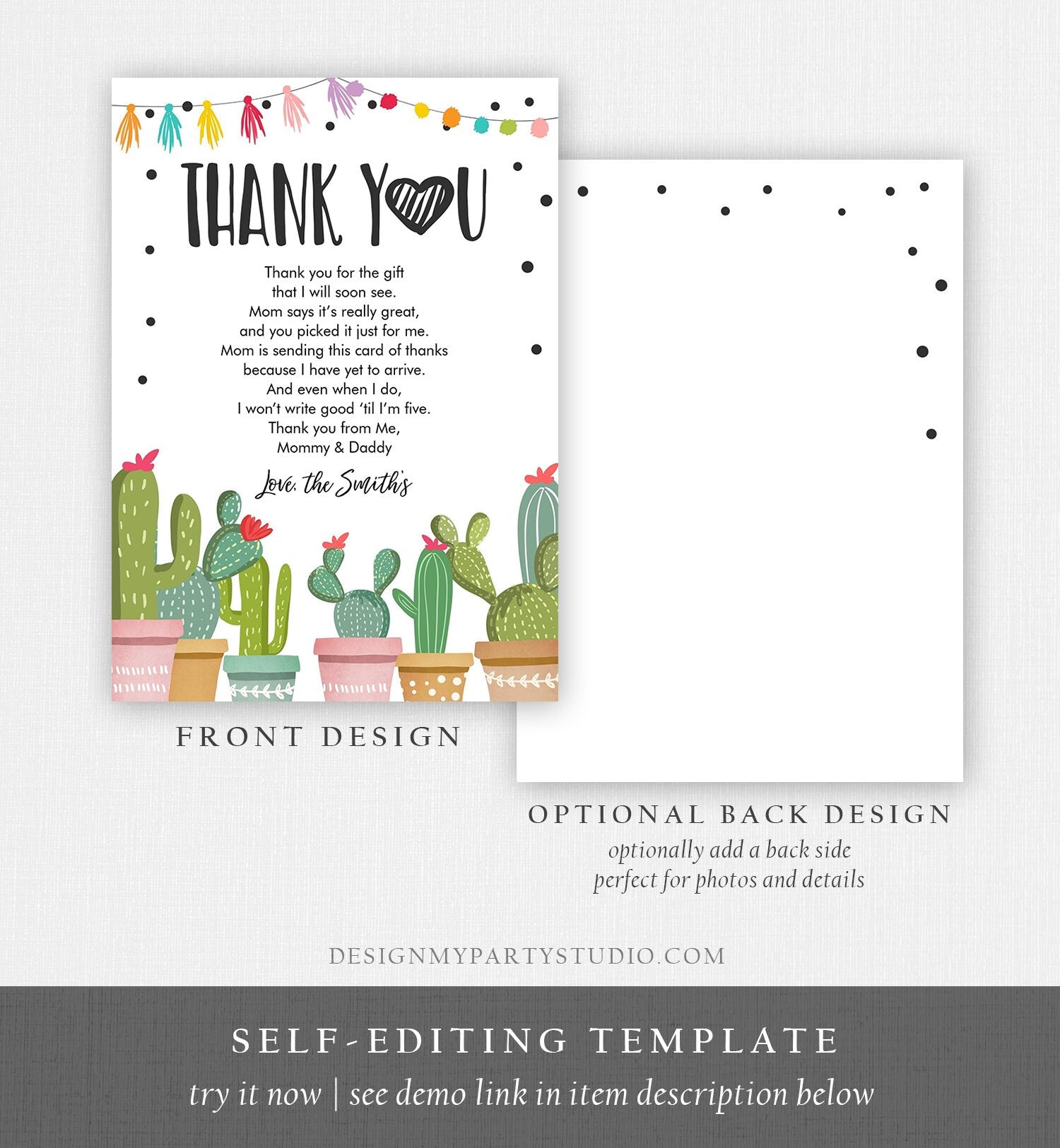 Editable Cactus Fiesta Thank You Card Baby Shower Sprinkle Birthday Thank You Insert Mexican Digital Download Template Printable 0254