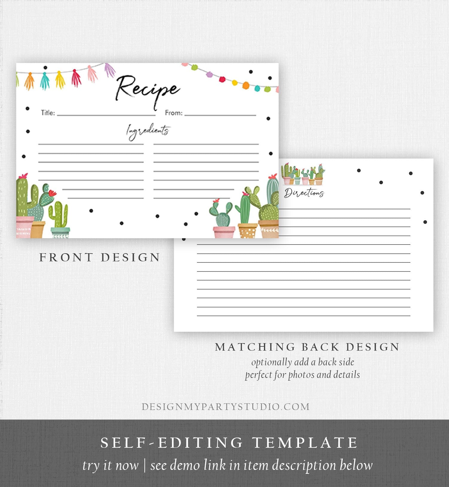 Editable Fiesta Cactus Recipe Cards Fiesta Bridal Shower Baby Succulent Mexican Double Sided 4x6 5x7 Download Corjl Template Printable 0254