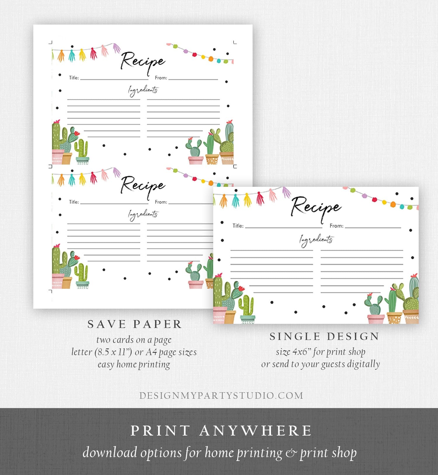 Editable Fiesta Cactus Recipe Cards Fiesta Bridal Shower Baby Succulent Mexican Double Sided 4x6 5x7 Download Corjl Template Printable 0254