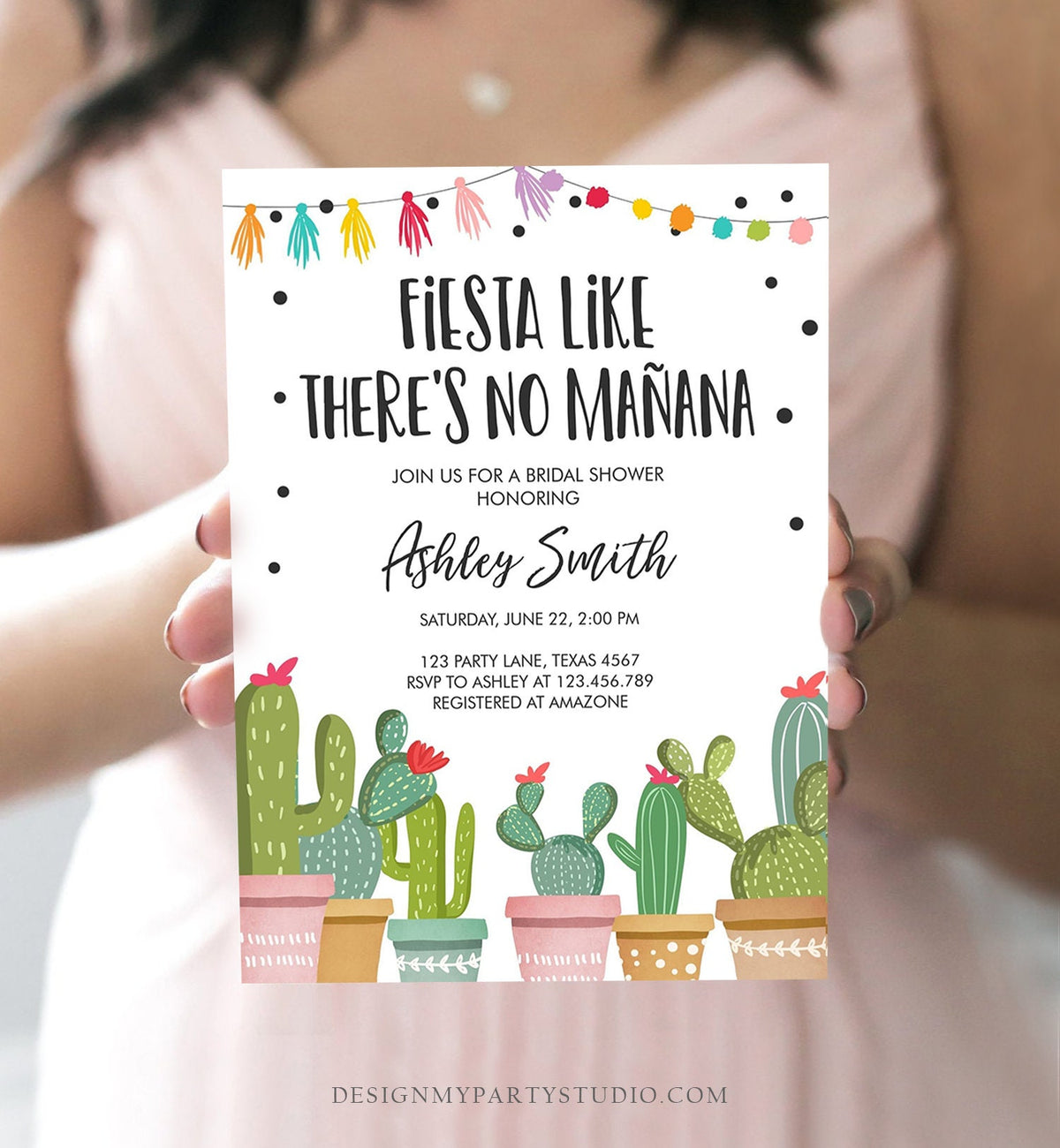 Editable Fiesta Like There&#39;s No Manana Bridal Shower Invitation Mexican Cactus Succulent Digital Download Corjl Template Printable 0254