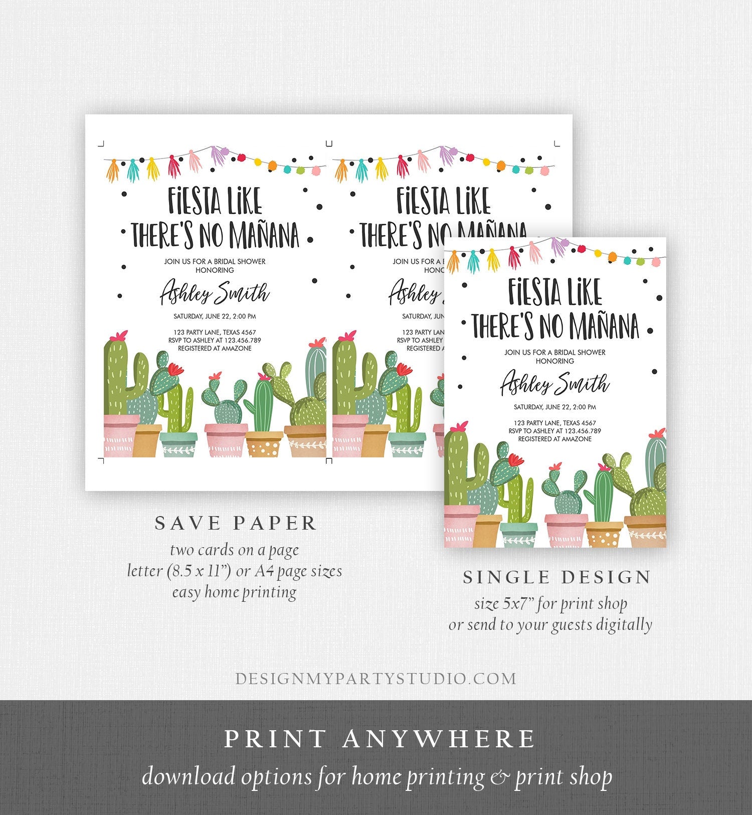 Editable Fiesta Like There's No Manana Bridal Shower Invitation Mexican Cactus Succulent Digital Download Corjl Template Printable 0254