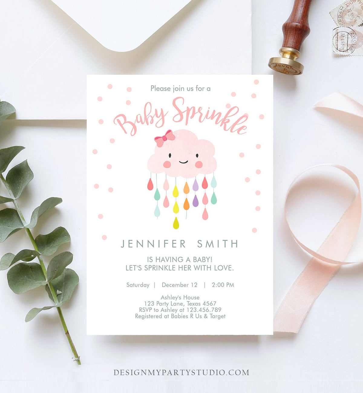 Editable Cloud Baby Sprinkle Invitation Raindrop Sprinkle with Love Rain Drops Pink Girl Download Printable Corjl Template Digital 0036