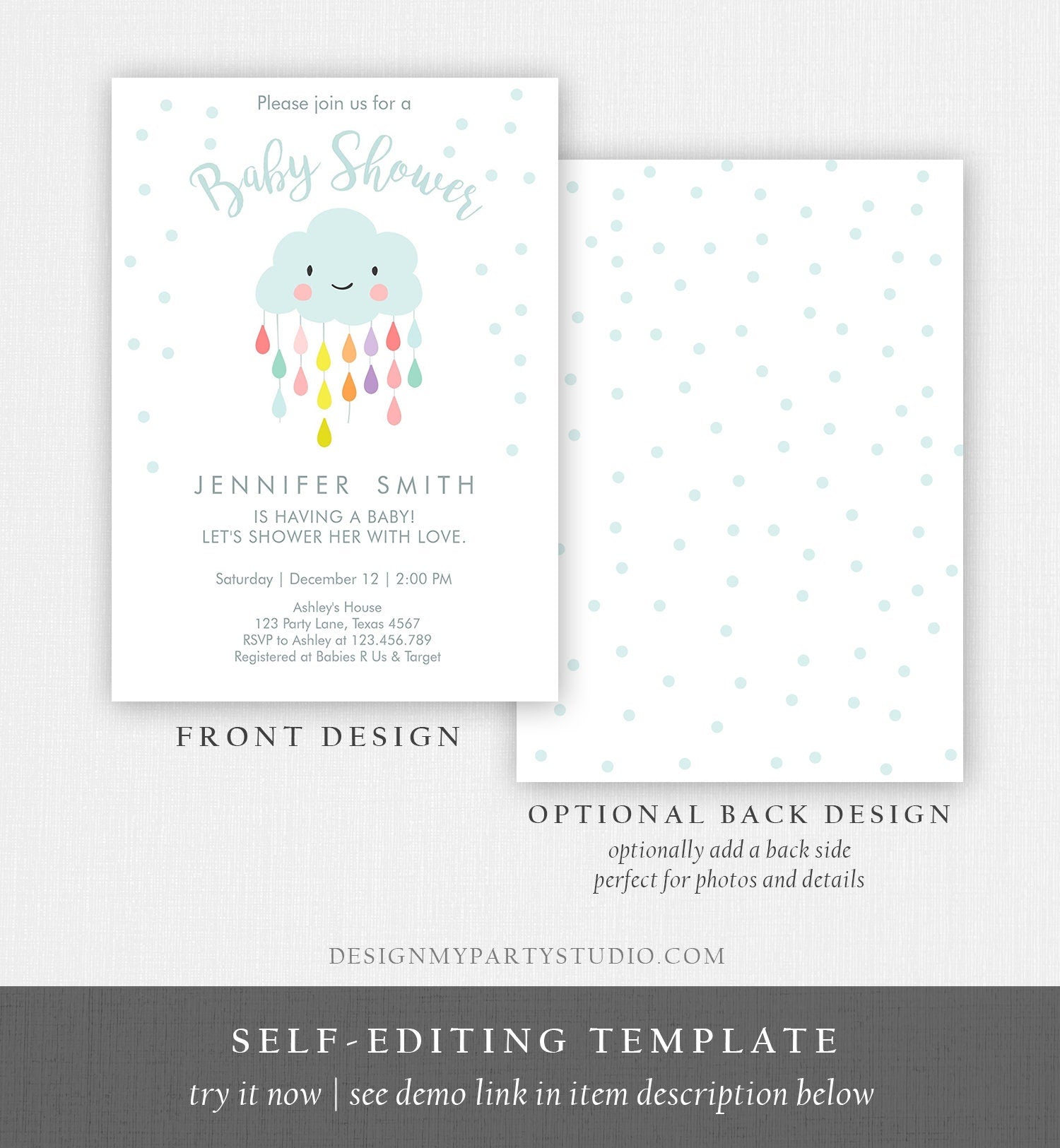 Editable Cloud Baby Shower Invitation Raindrop Shower with Love Rain drops Neutral Instant Download Printable Template Corjl Digital 0036