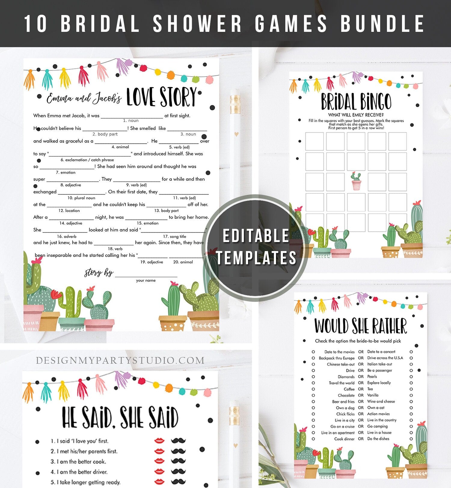 Editable Cactus Bridal Shower Games Bundle Fiesta Mexican Wedding Shower Activities Coed Shower Bridal Game Digital Template Printable 0254