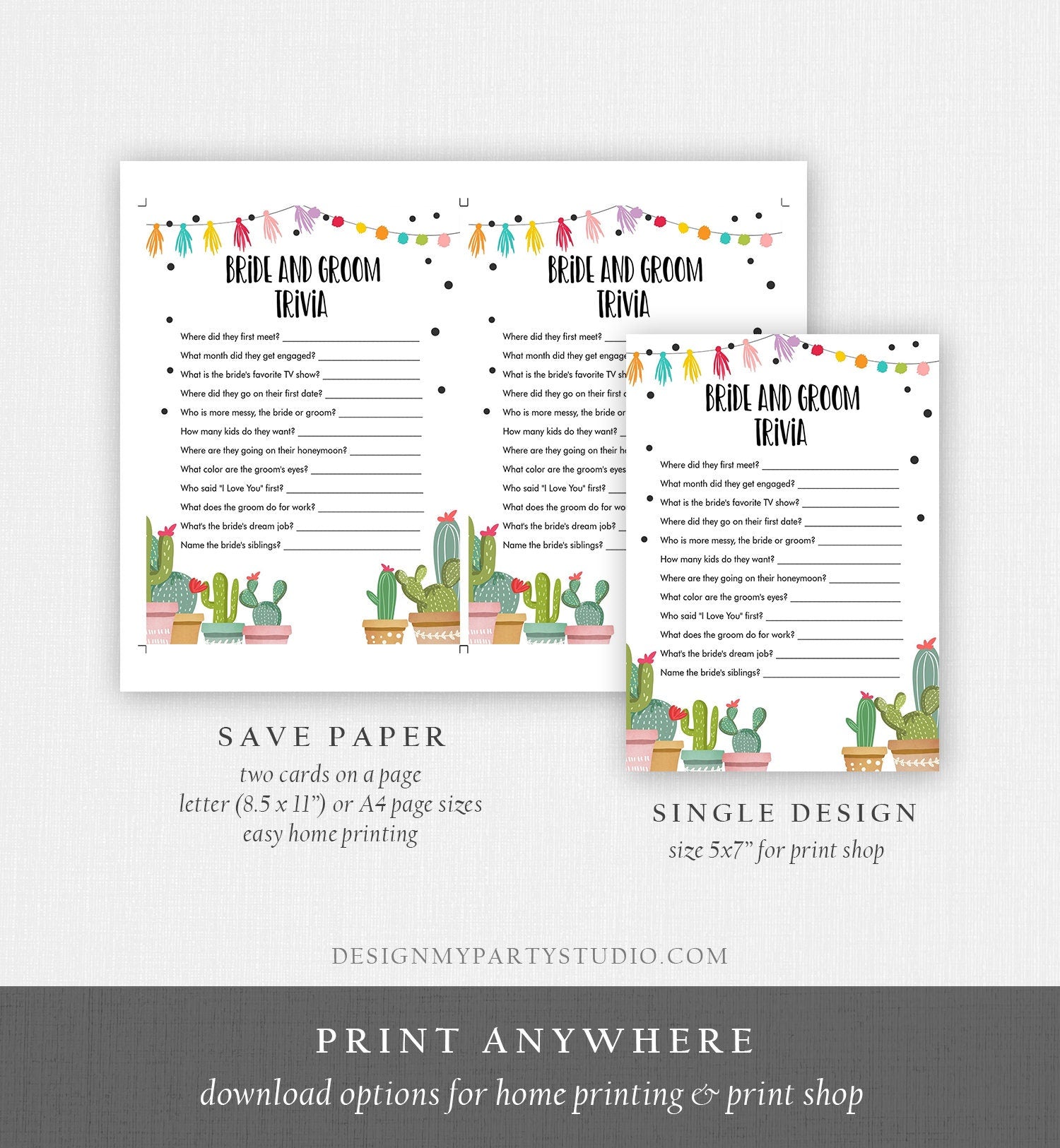 Editable Bride and Groom Trivia Bridal Shower Game Cactus Fiesta Mexican Coed Shower Games Wedding Activity Digital Template Printable 0254