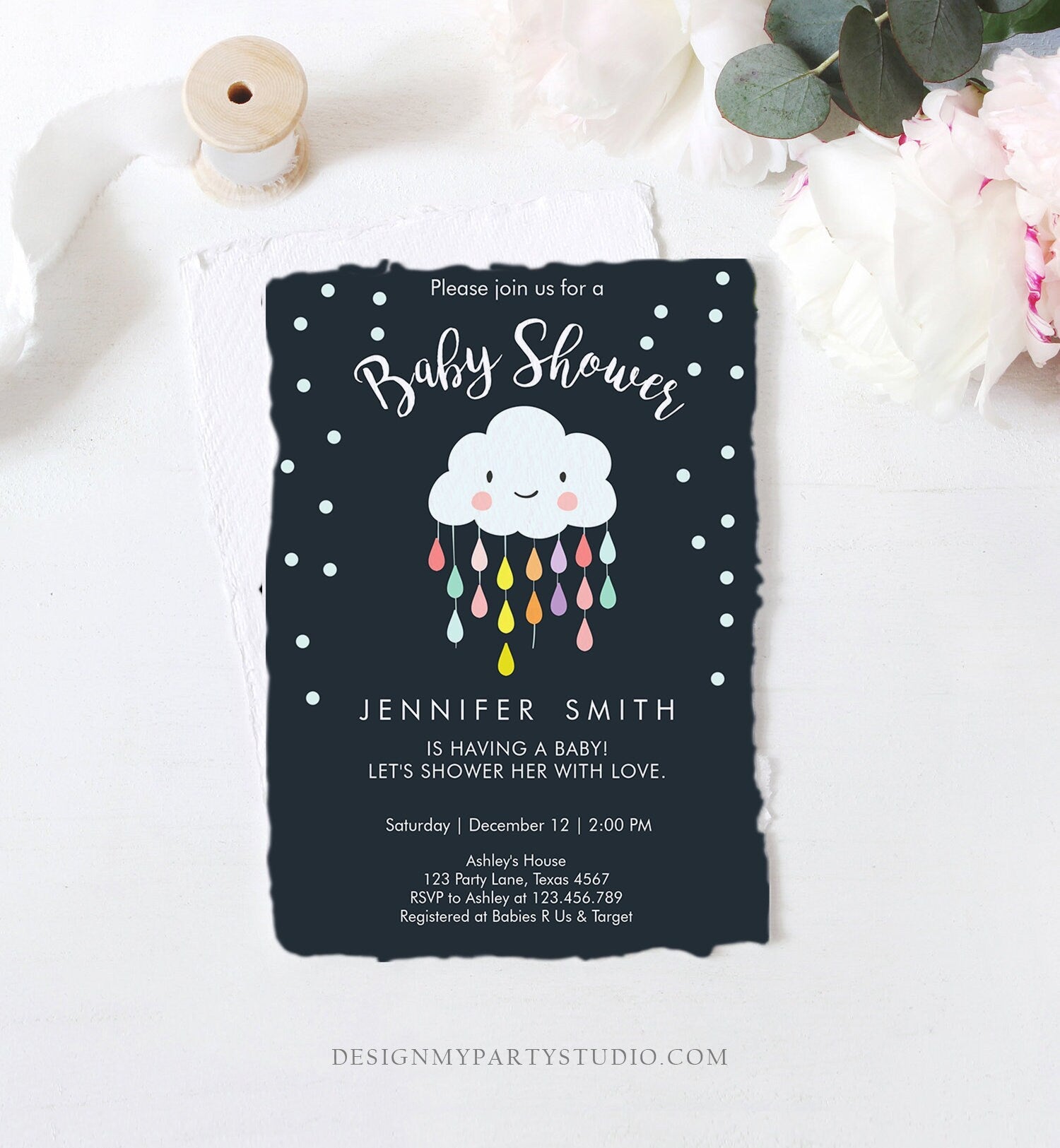 Editable Cloud Baby Shower Invitation Raindrop Shower with Love Rain drops Navy Blue Instant Download Printable Template Corjl Digital 0036