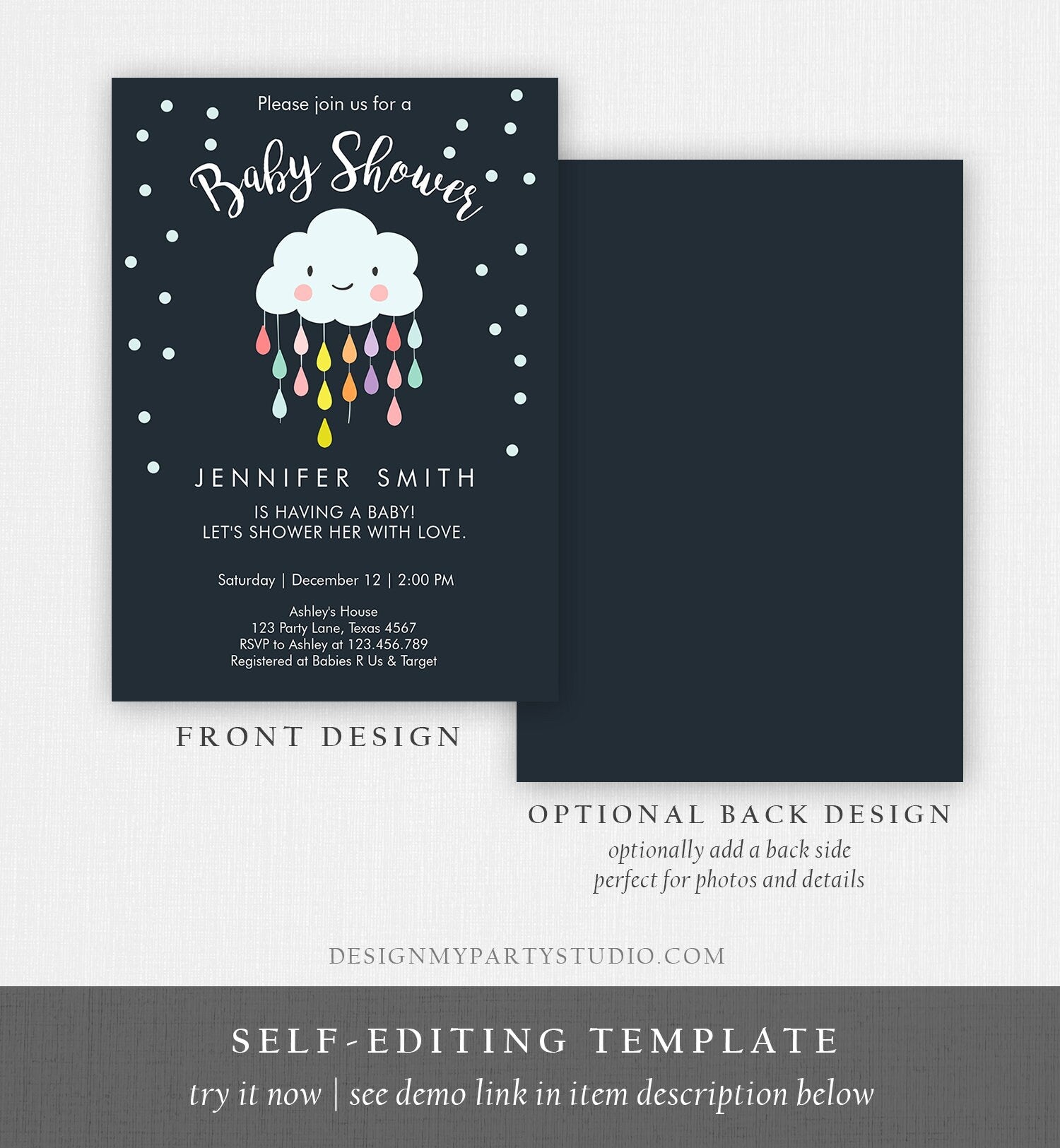 Editable Cloud Baby Shower Invitation Raindrop Shower with Love Rain drops Navy Blue Instant Download Printable Template Corjl Digital 0036