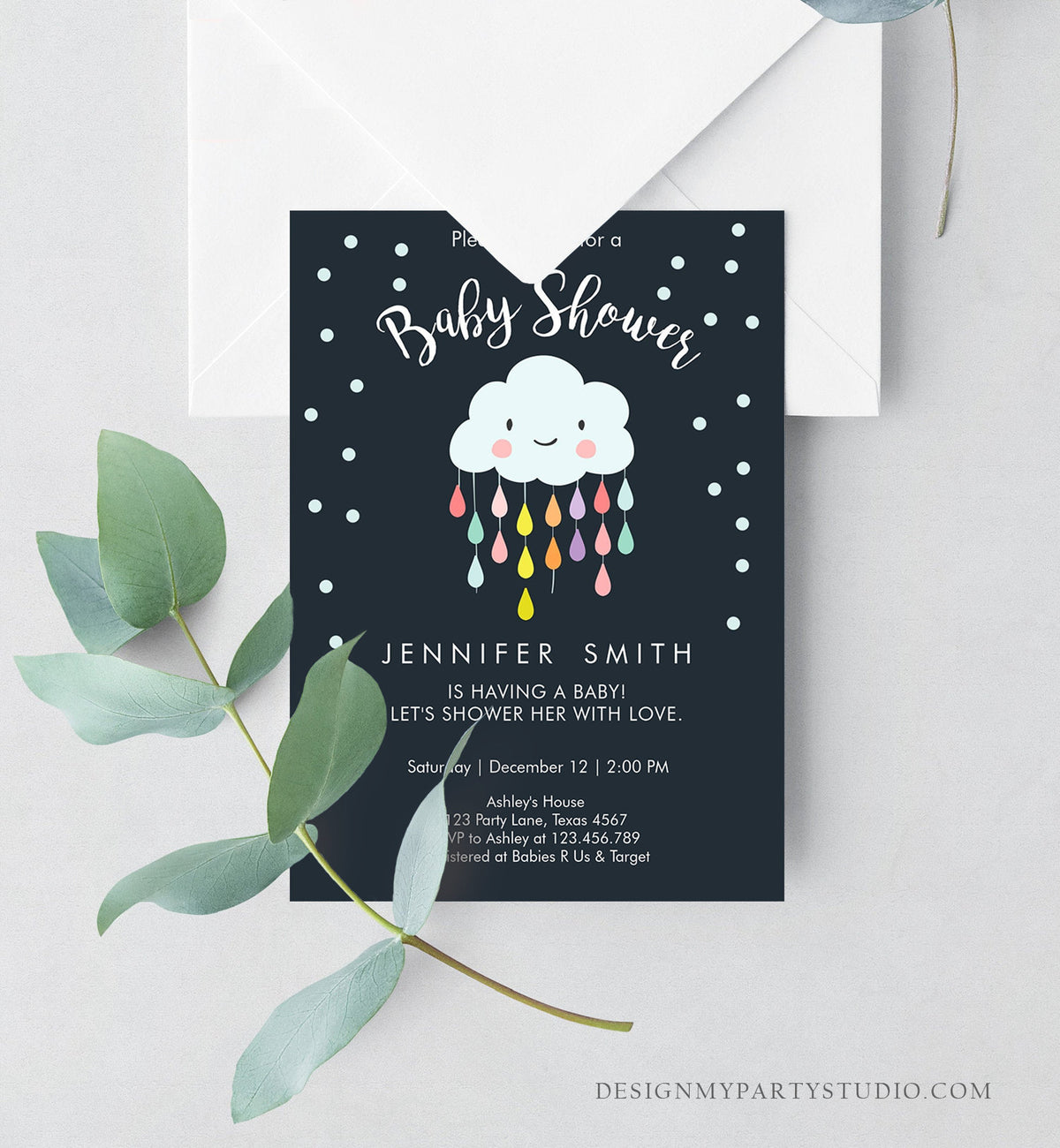 Editable Cloud Baby Shower Invitation Raindrop Shower with Love Rain drops Navy Blue Instant Download Printable Template Corjl Digital 0036