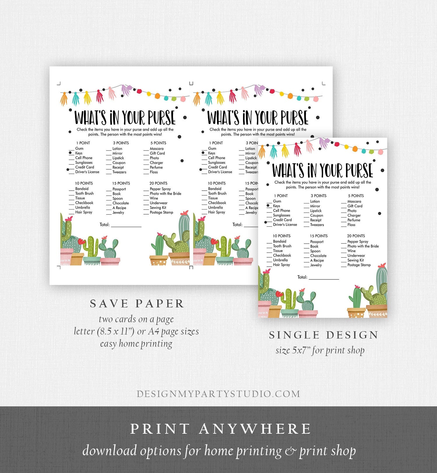 Editable Whats in Your Purse Bridal Shower Game Cactus Fiesta Mexican Coed Shower Succulent Wedding Activity Corjl Template Printable 0254