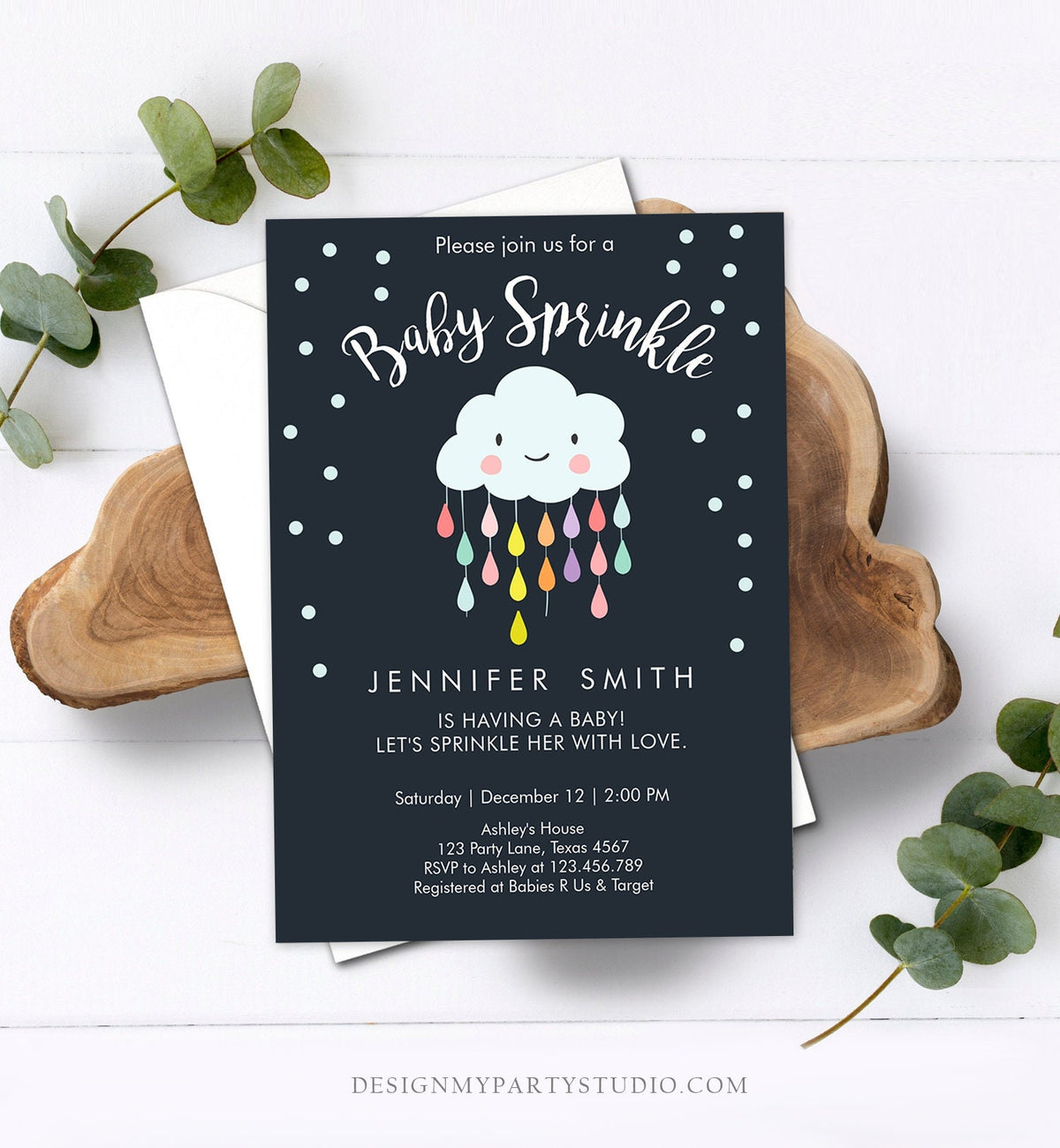 Editable Cloud Baby Sprinkle Invitation Raindrop Sprinkle with Love Rain Drops Neutral Download Printable Corjl Template Digital 0036