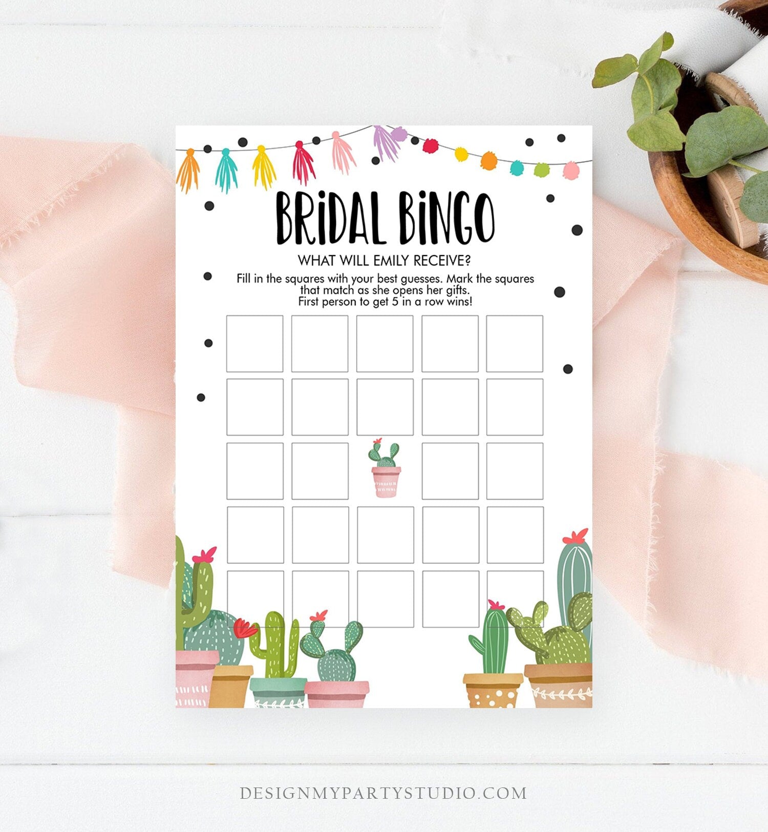 Editable Bridal Bingo Bridal Shower Game Cactus Fiesta Mexican Coed Shower Games Succulent Wedding Activity Corjl Template Printable 0254