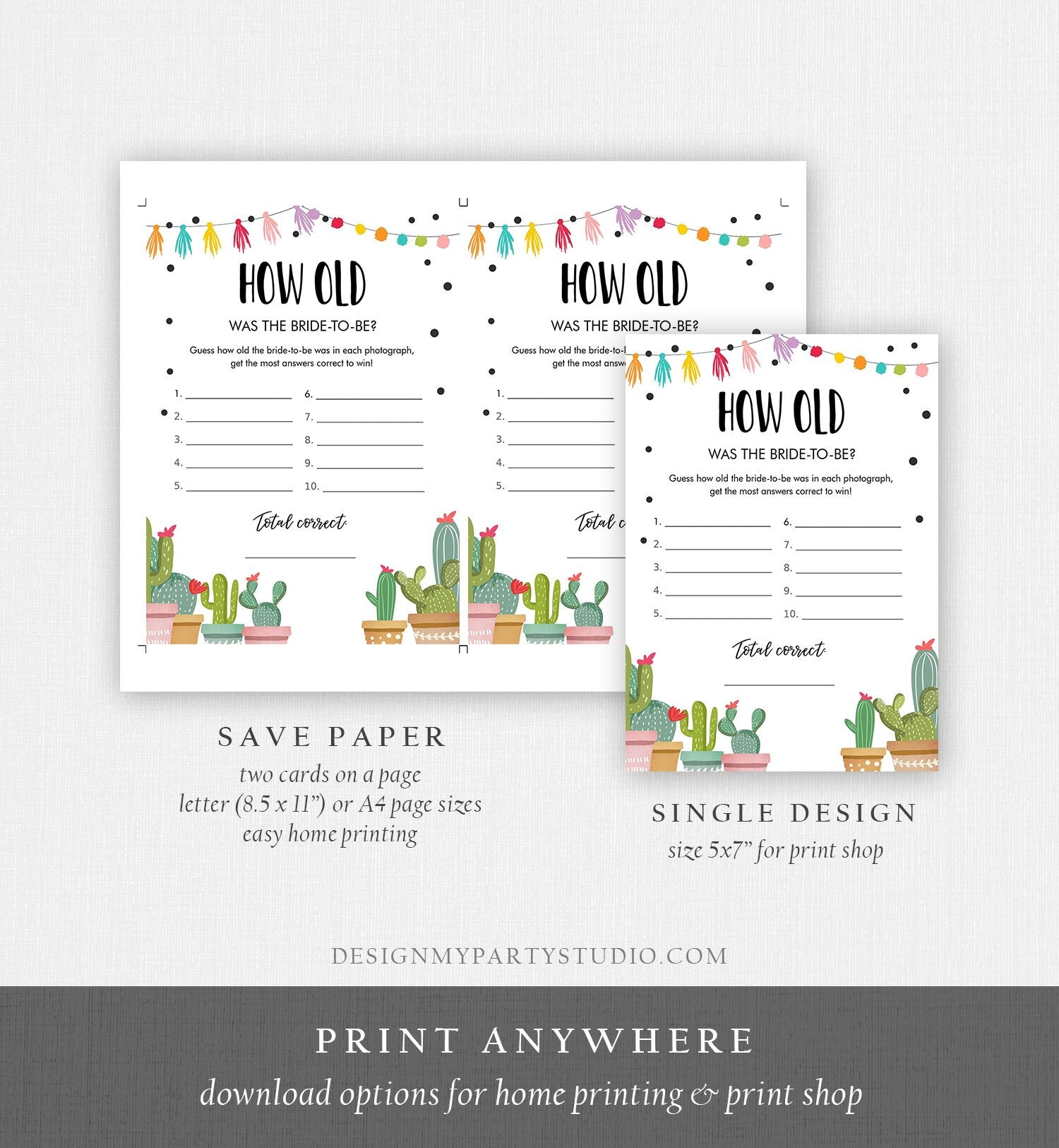 Editable How Old Was The Bride Bridal Shower Game Cactus Fiesta Mexican Coed Shower Games Wedding Activity Digital Template Printable 0254