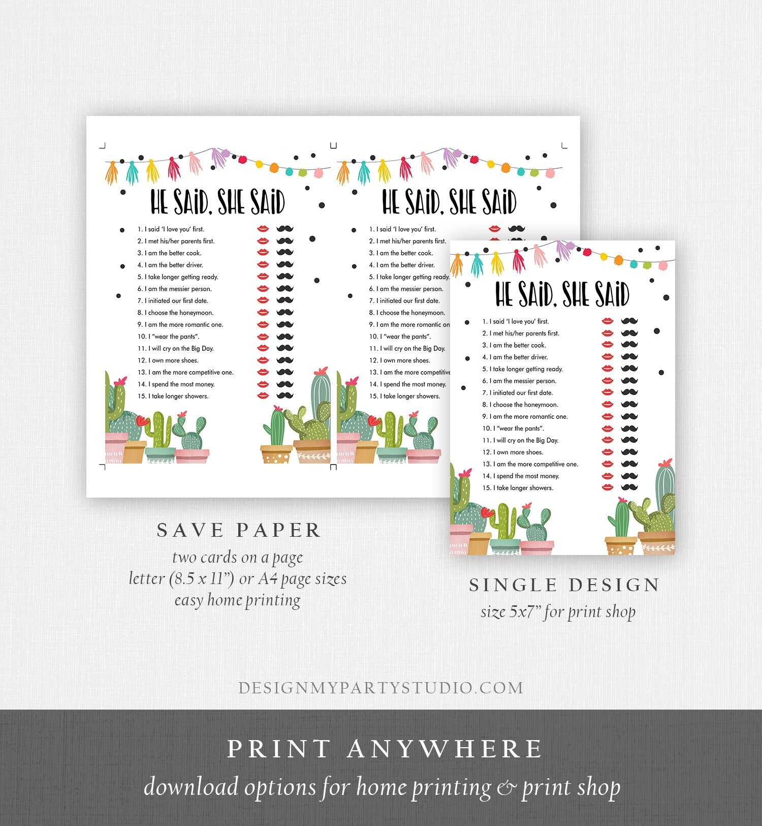 Editable He Said She Said Bridal Shower Game Cactus Fiesta Mexican Coed Shower Succulent Wedding Activity Corjl Template Printable 0254