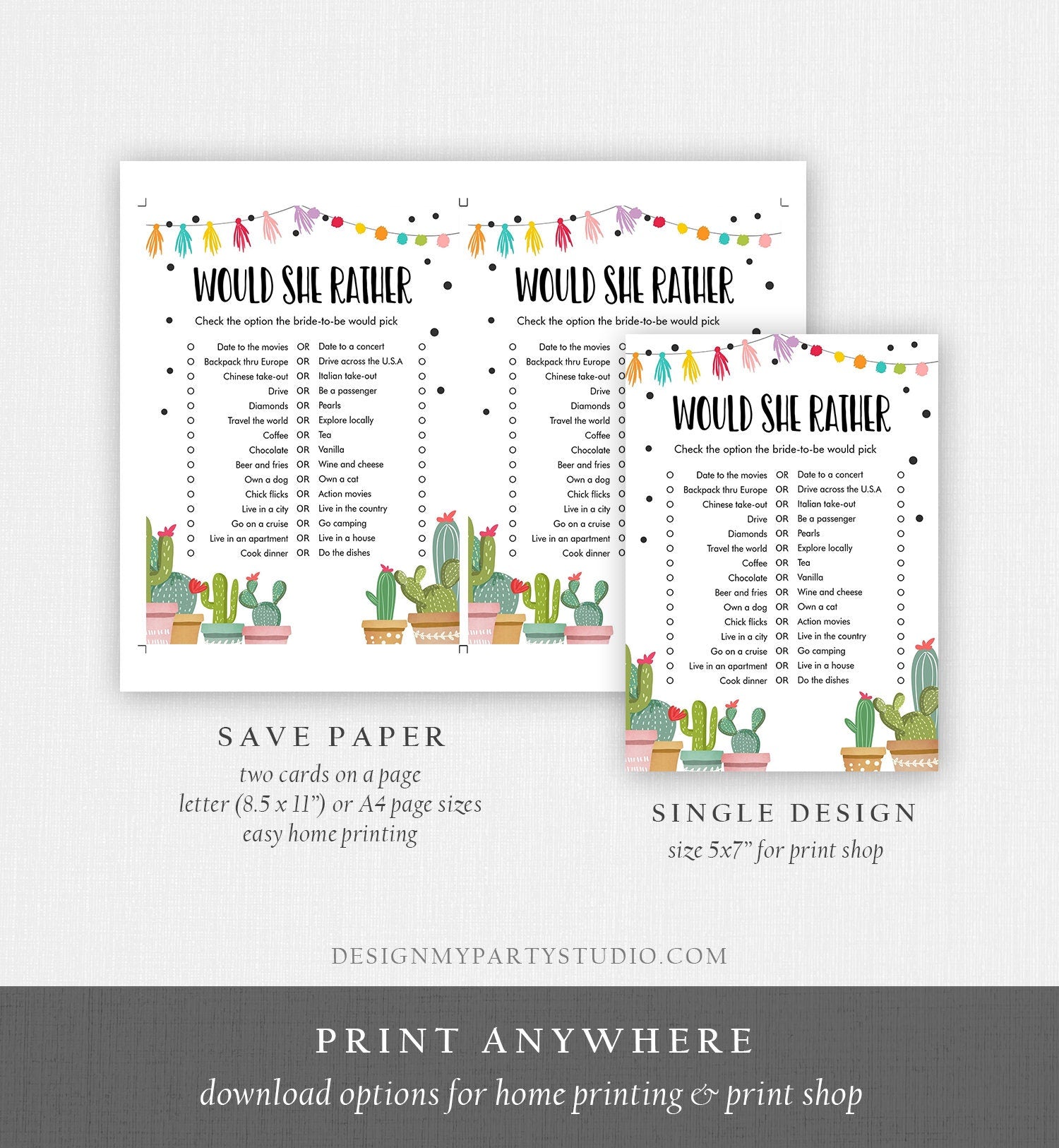 Editable Would She Rather Bridal Shower Game Cactus Fiesta Mexican Coed Shower Succulent Wedding Activity Corjl Template Printable 0254