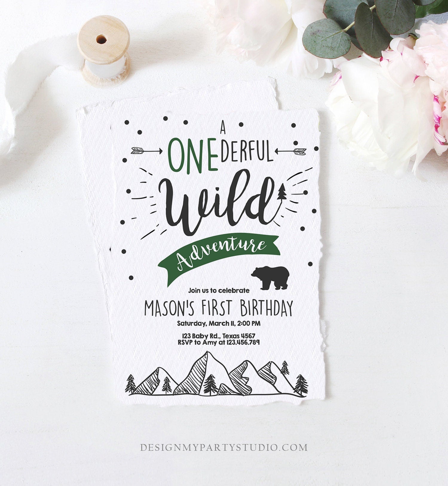 Editable A Onederful Wild Adventure First Birthday Invitation Wild Boy Mountains Bear Outdoor Hunter Green Digital Download Template 0083