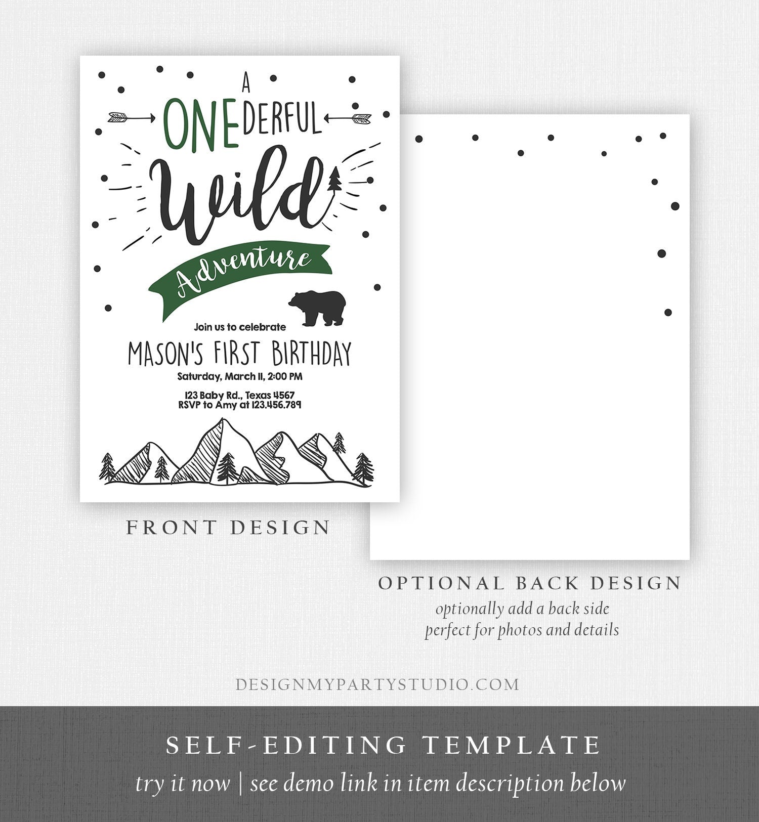 Editable A Onederful Wild Adventure First Birthday Invitation Wild Boy Mountains Bear Outdoor Hunter Green Digital Download Template 0083