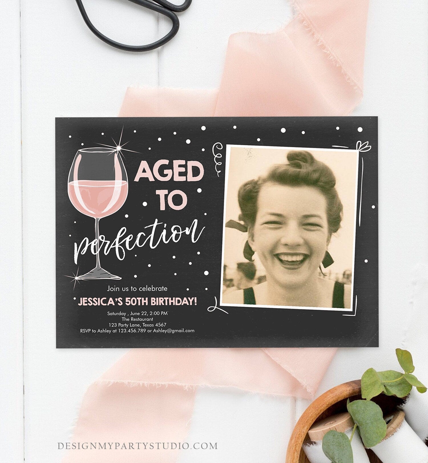 Editable Aged to Perfection Birthday Invitation Wine Adult Birthday Invite Rustic Surprise Blush Pink Download Printable Template Corjl 0252