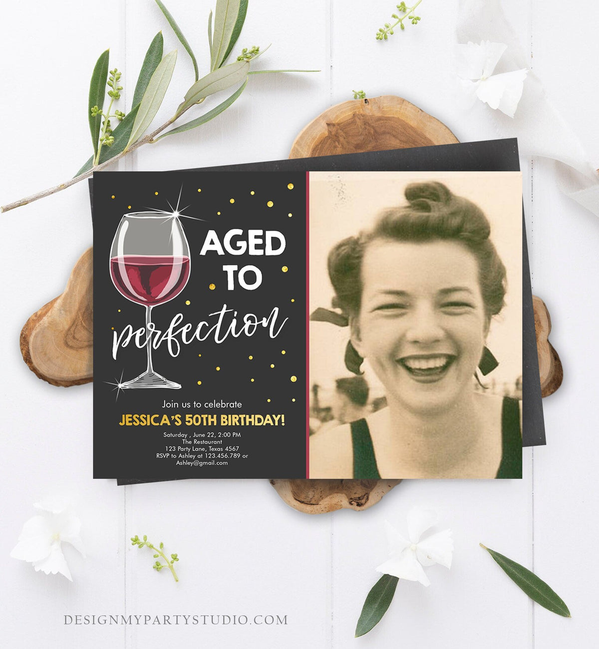 Editable Aged to Perfection Birthday Invitation Wine Adult Birthday Invite Rustic Surprise Download Printable Invitation Template Corjl 0252