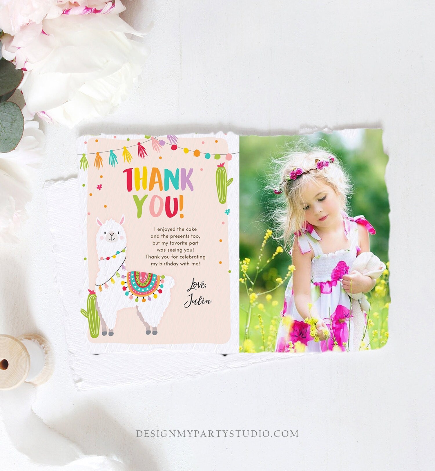 Editable Whole Llama Fun Thank You Card Llama Alpaca Birthday Cactus Girl Pink Fiesta Mexican Photo Download Printable Corjl Template 0079