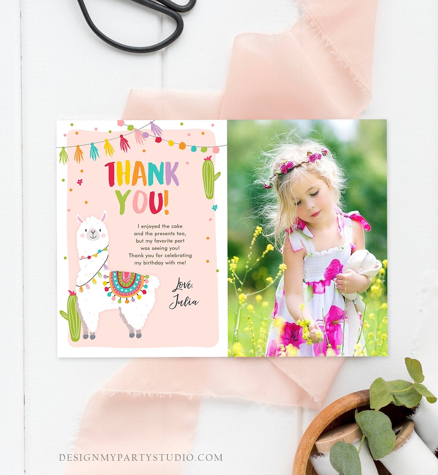 Editable Whole Llama Fun Thank You Card Llama Alpaca Birthday Cactus Girl Pink Fiesta Mexican Photo Download Printable Corjl Template 0079